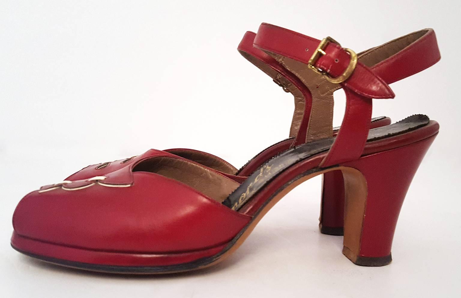 40s Red Platform Heels. 2" heel, 1/4" platform. 9 1/4" insole, 2 3/4" palm of foot. Women's US 6 AAA.