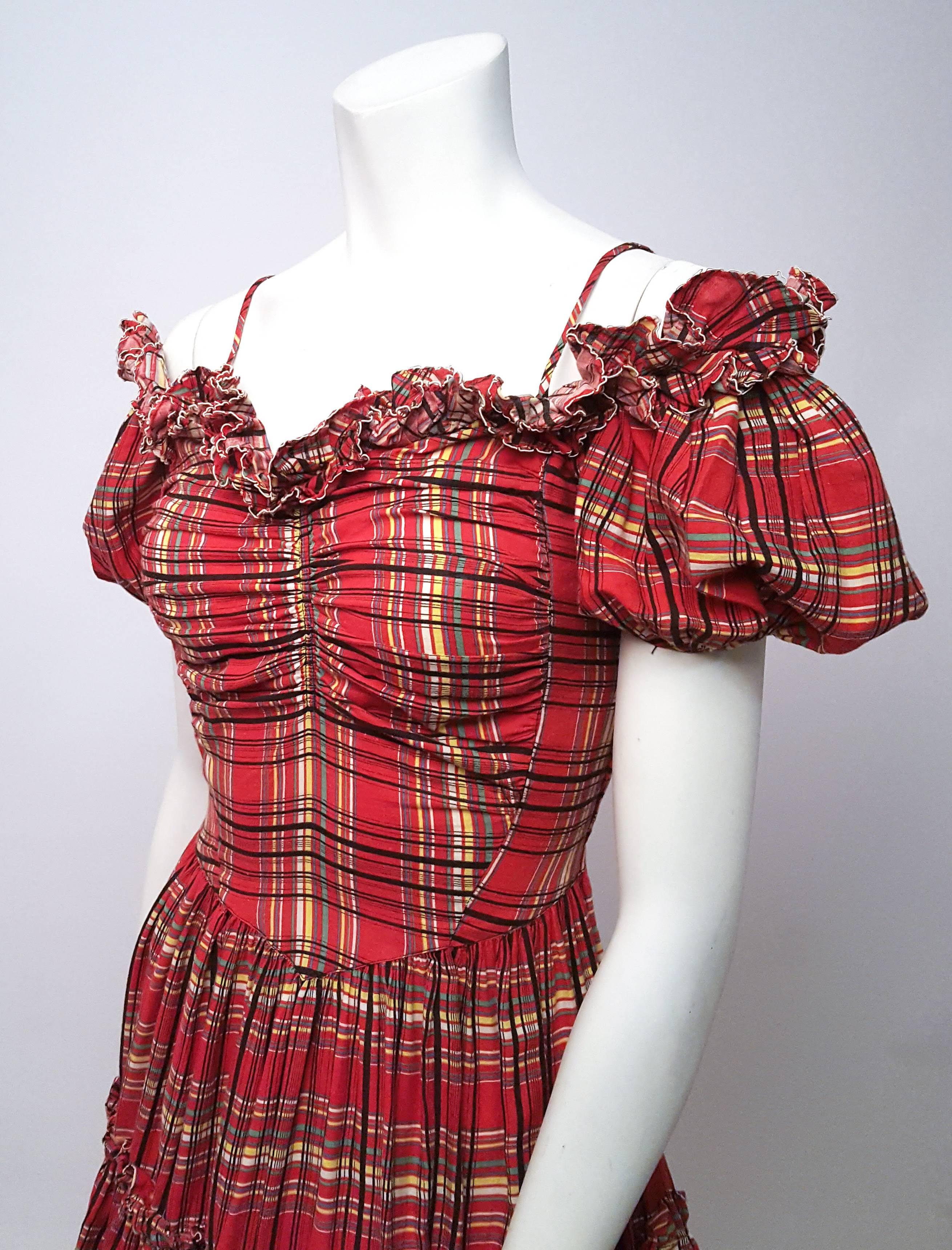 40s Red Plaid Scarlett O'Hara Gown. Off the shoulder puff sleeves. Ruched center front adjustable from inside. Unlined, side metal zip closure. In photo, styled over a petticoat,