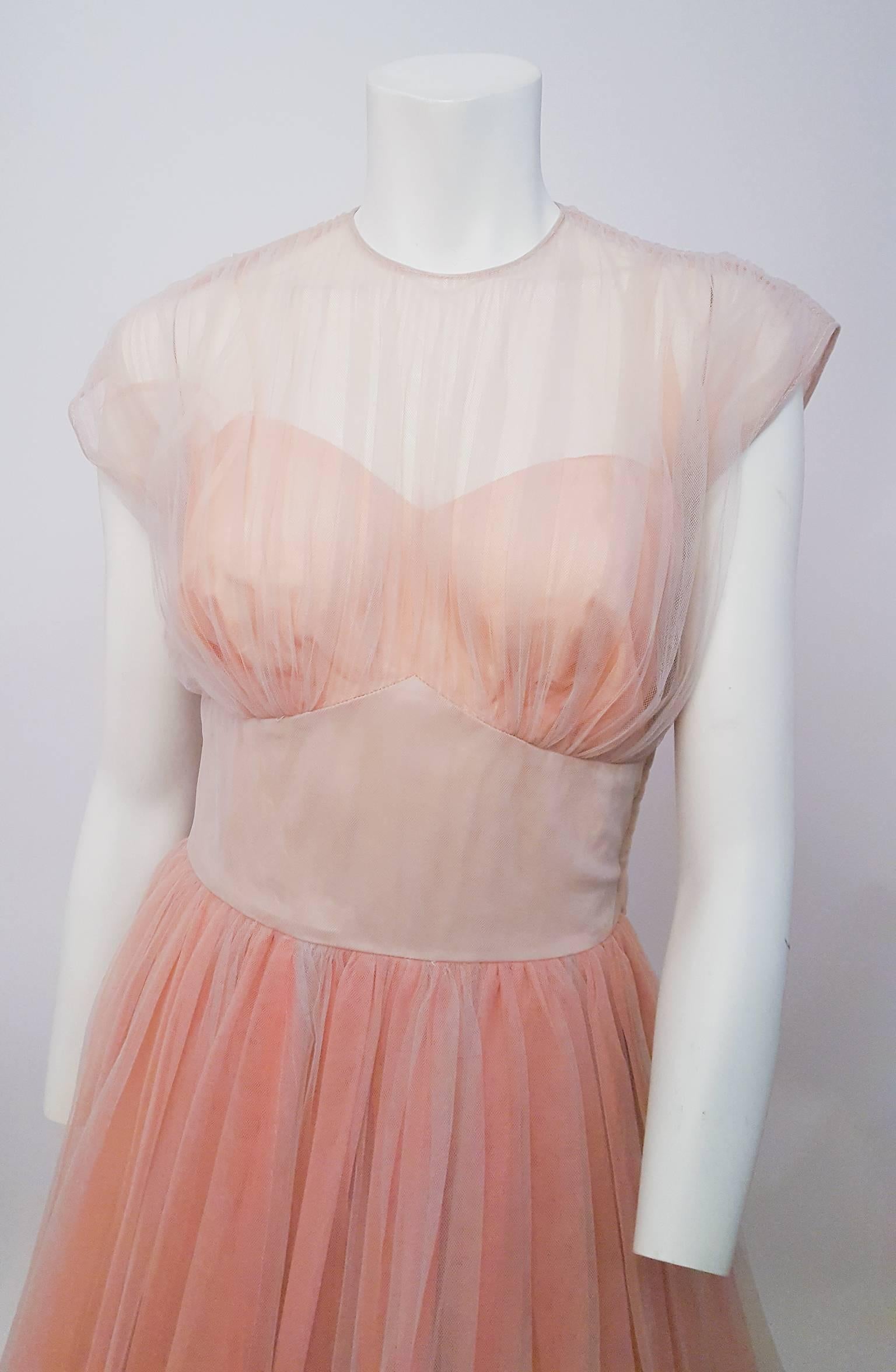 50s Pastel Pink and Blue Cocktail Dress w/ Sweetheart Illusion Neckline. Pink and blue tulle layered over peach lining. Side zip closure.