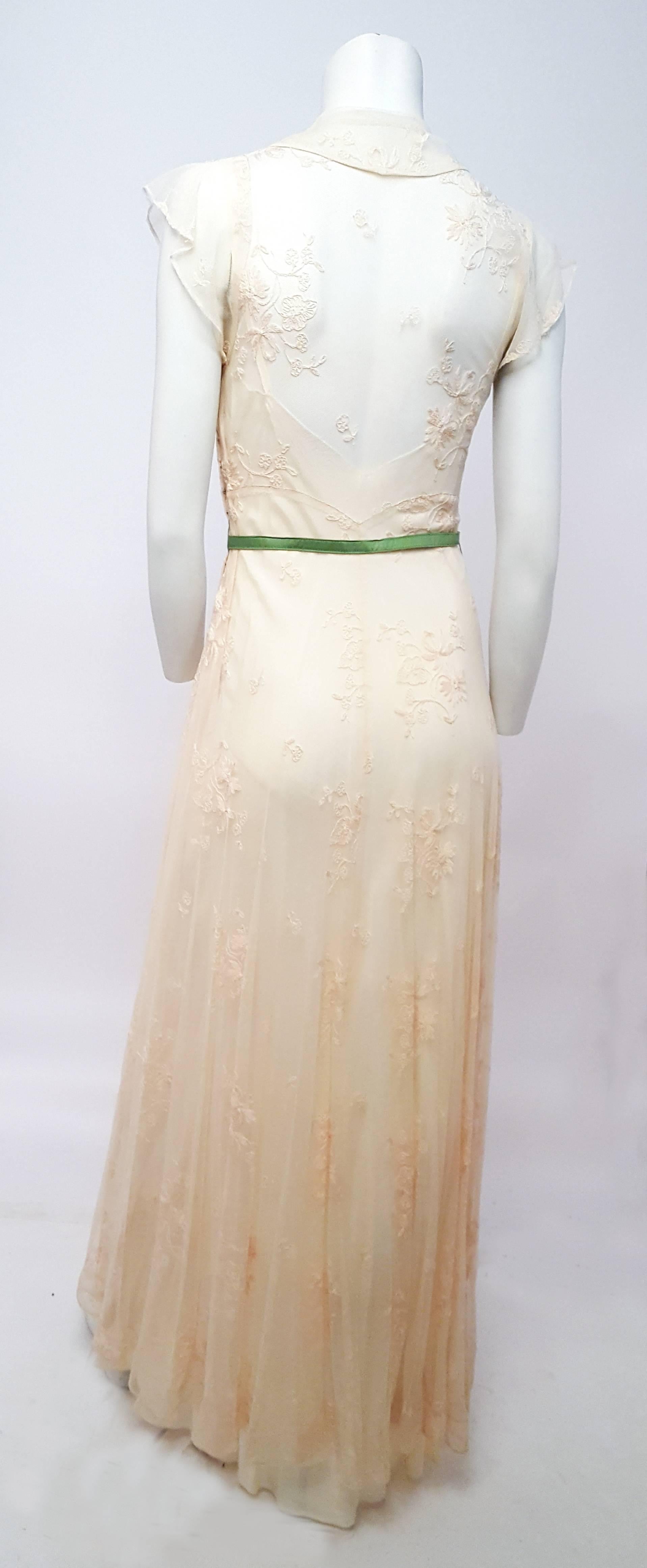 30s Petal Pink Lace Mesh Gown. Slip included. Side snap closure. Belt included, not original. 