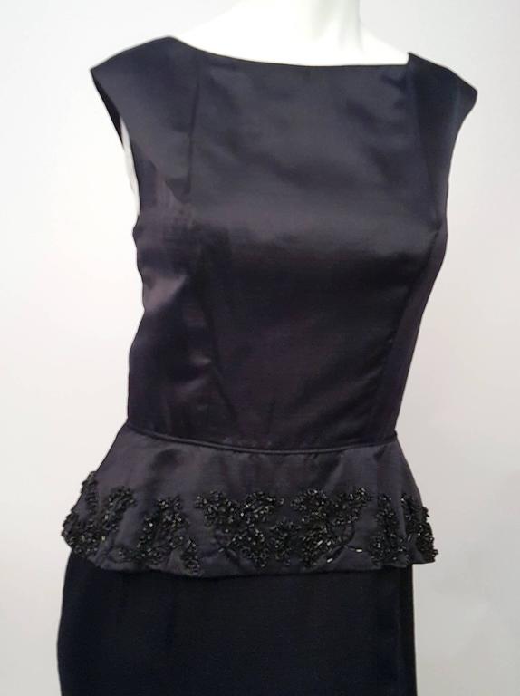 60s Black Beaded Column Dress w/ Peplum For Sale at 1stDibs