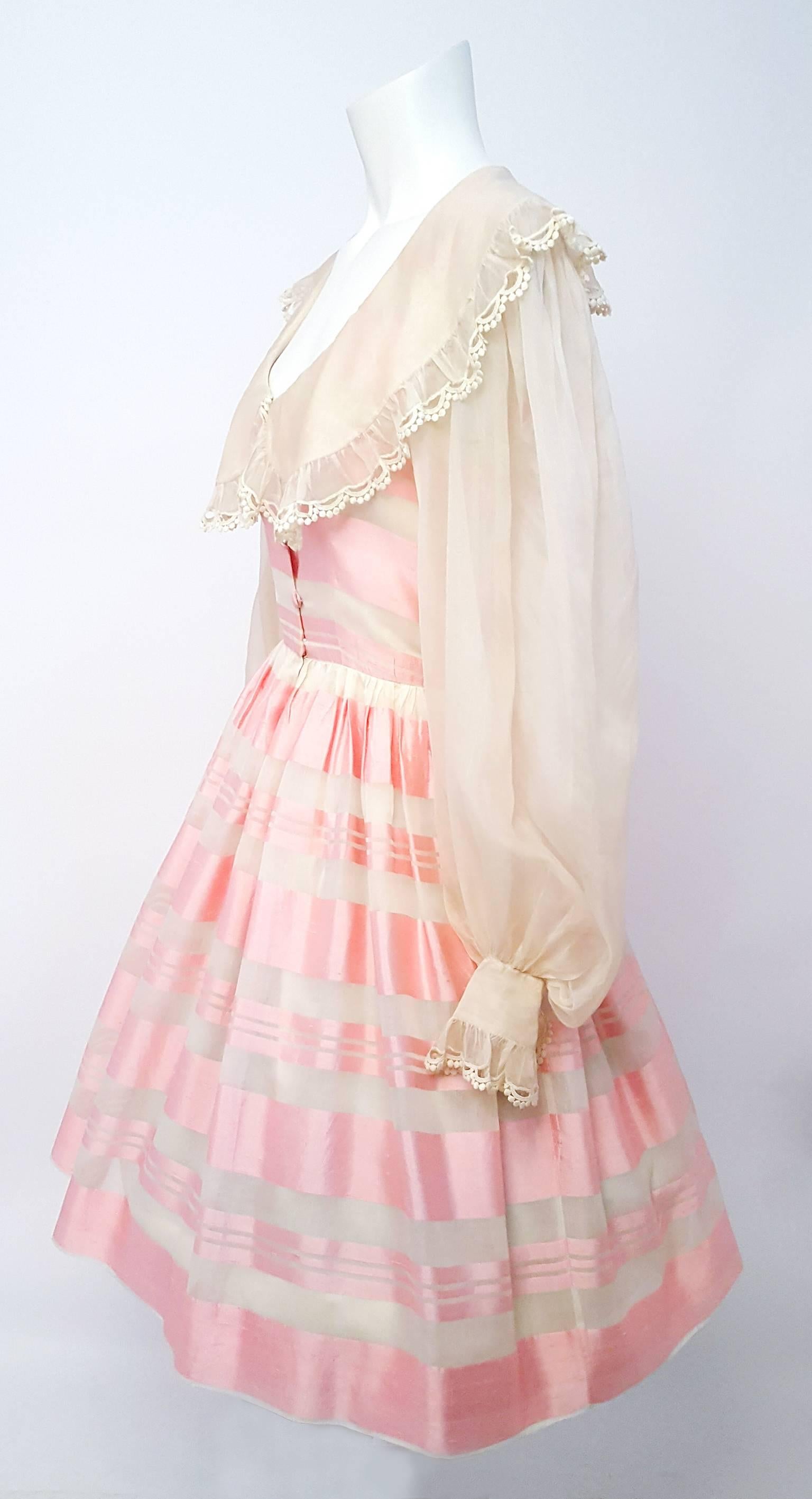 80s Albert Capraro Pink and Off-white Silk Striped Dress. Front snap and button closure. Dress is styled over a petticoat. 