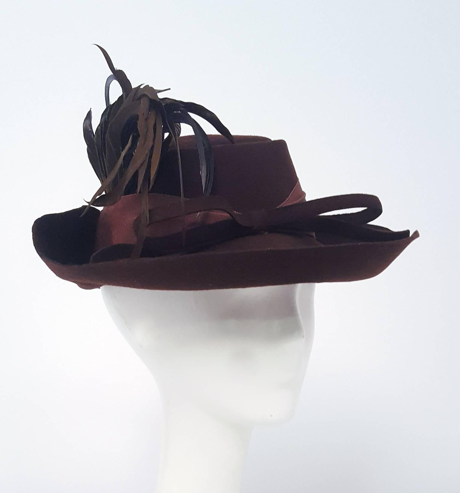 Black 40s Brown Wide Brimmed Fashion Hat For Sale