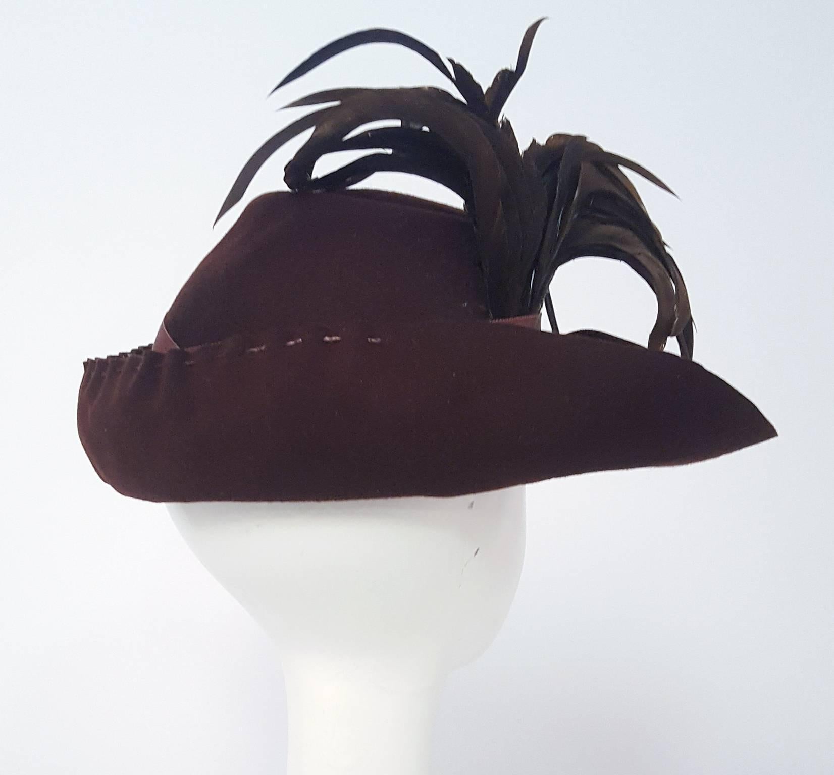 40s Brown Wide Brimmed Fashion Hat In Excellent Condition For Sale In San Francisco, CA