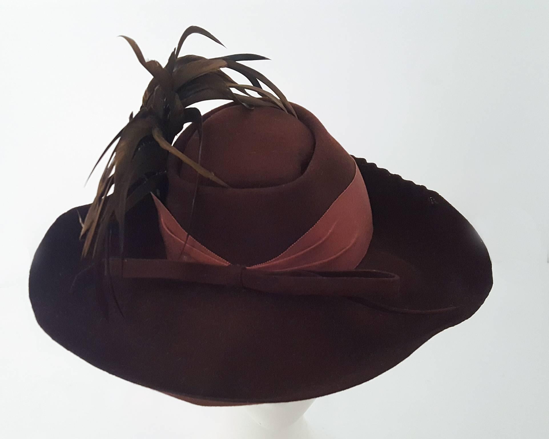 40s Brown Wide Brimmed Fashion Hat. 22