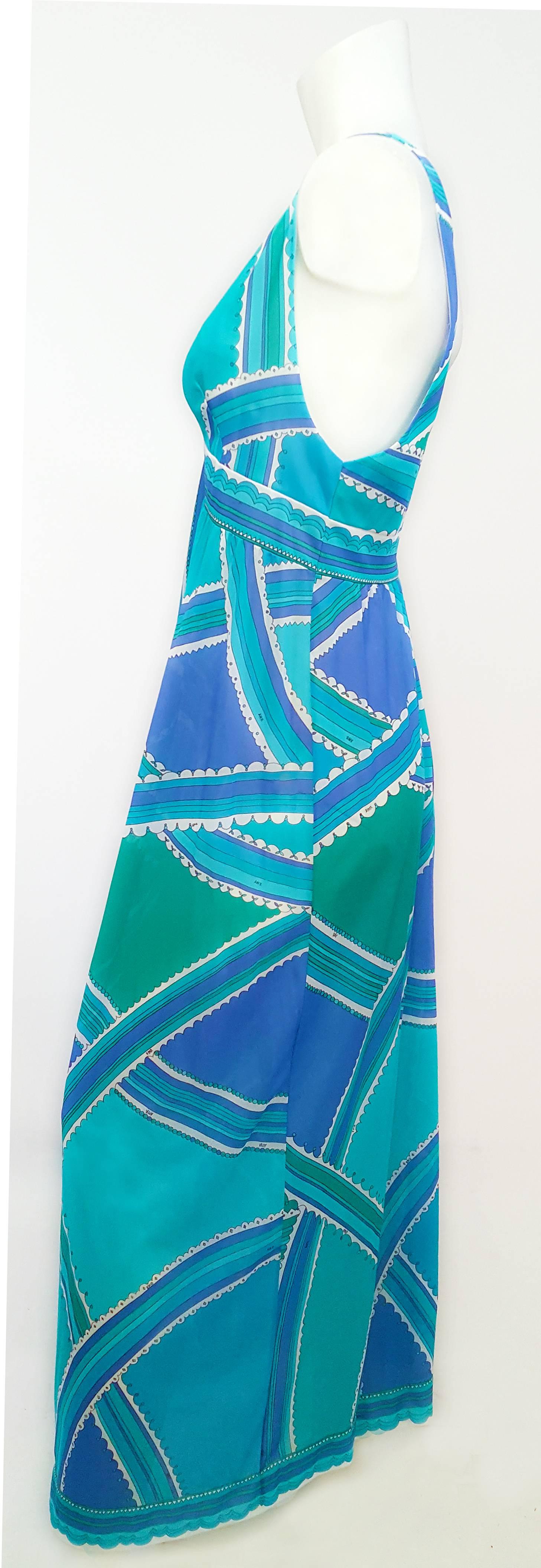 70s Emilio Pucci for Formfit Rodgers Blue/Green Printed Slip/Dress. Nylon jersey.