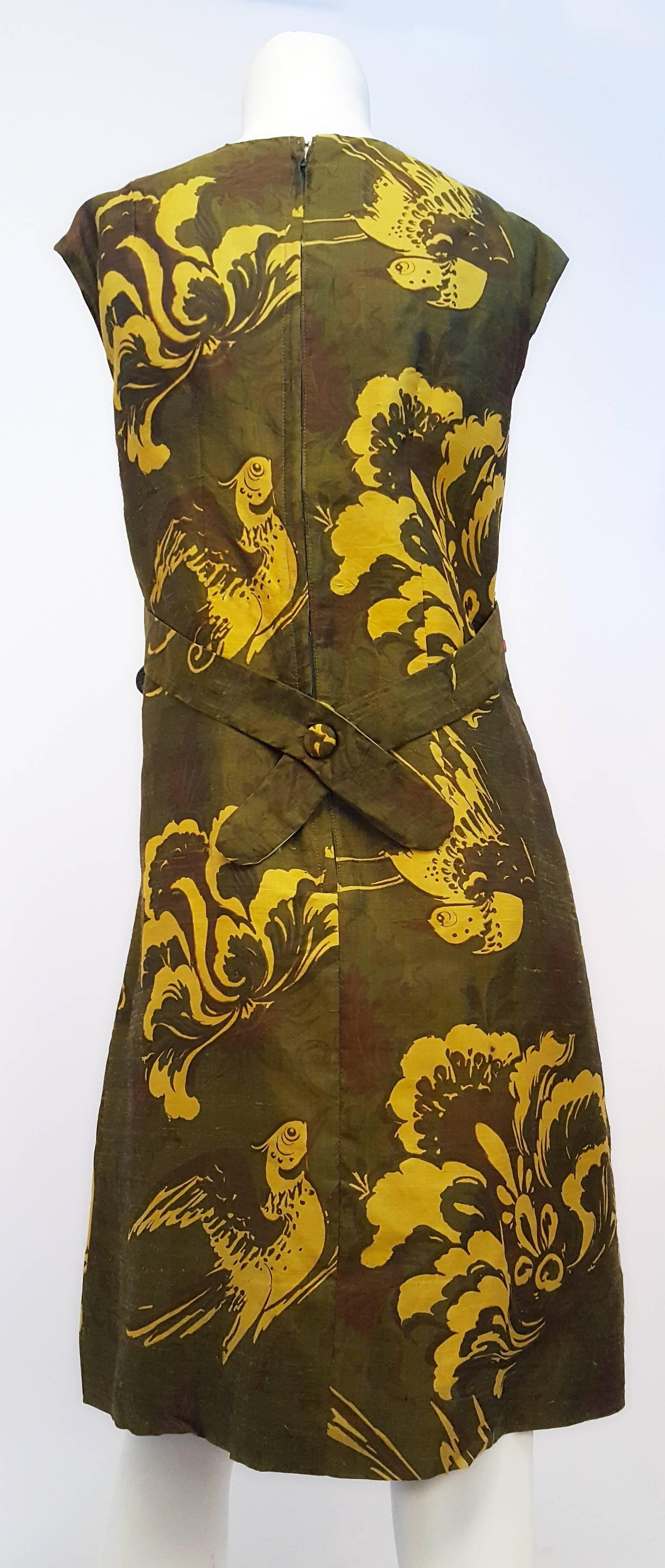 1960s Silk Handmade Olive Green Shift Dress. Fully lined. Back zip closure.