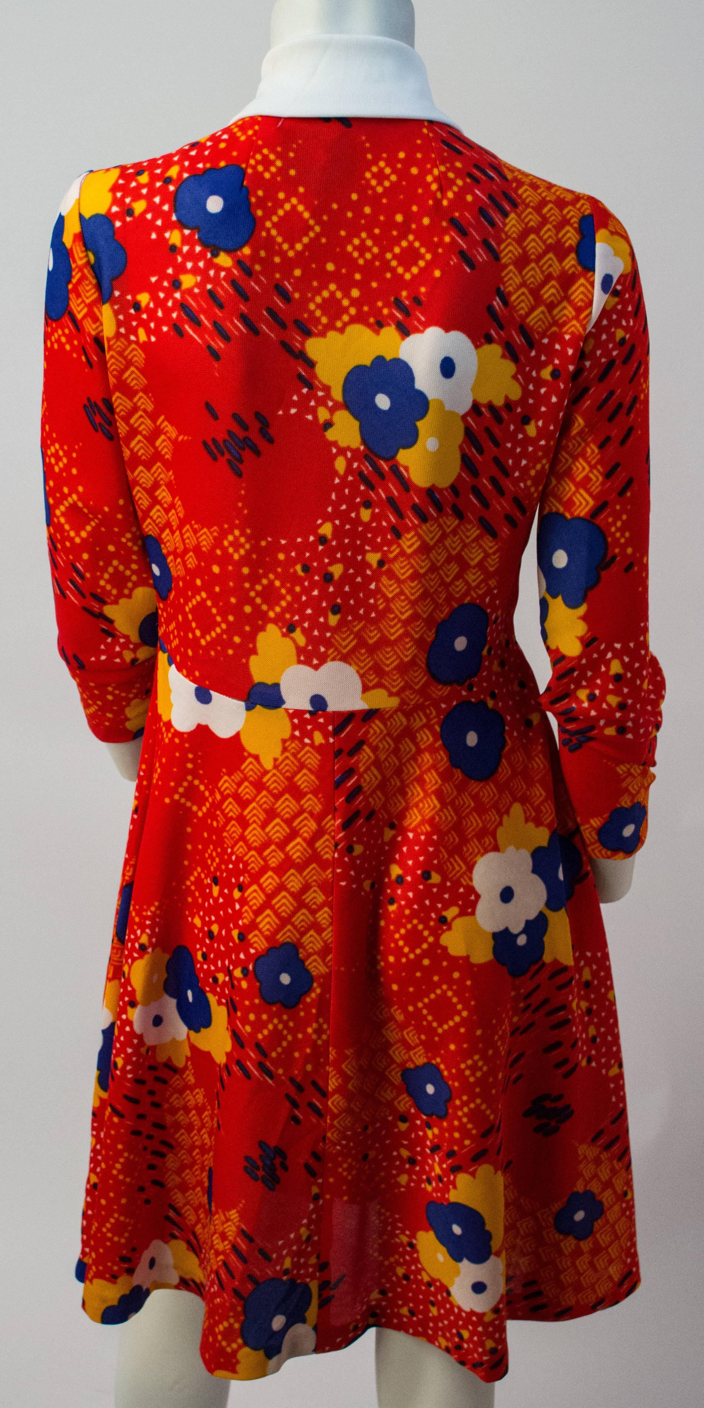 60s Leslie Fay for Joseph Magnin Printed Round Collar Orange Dress. 