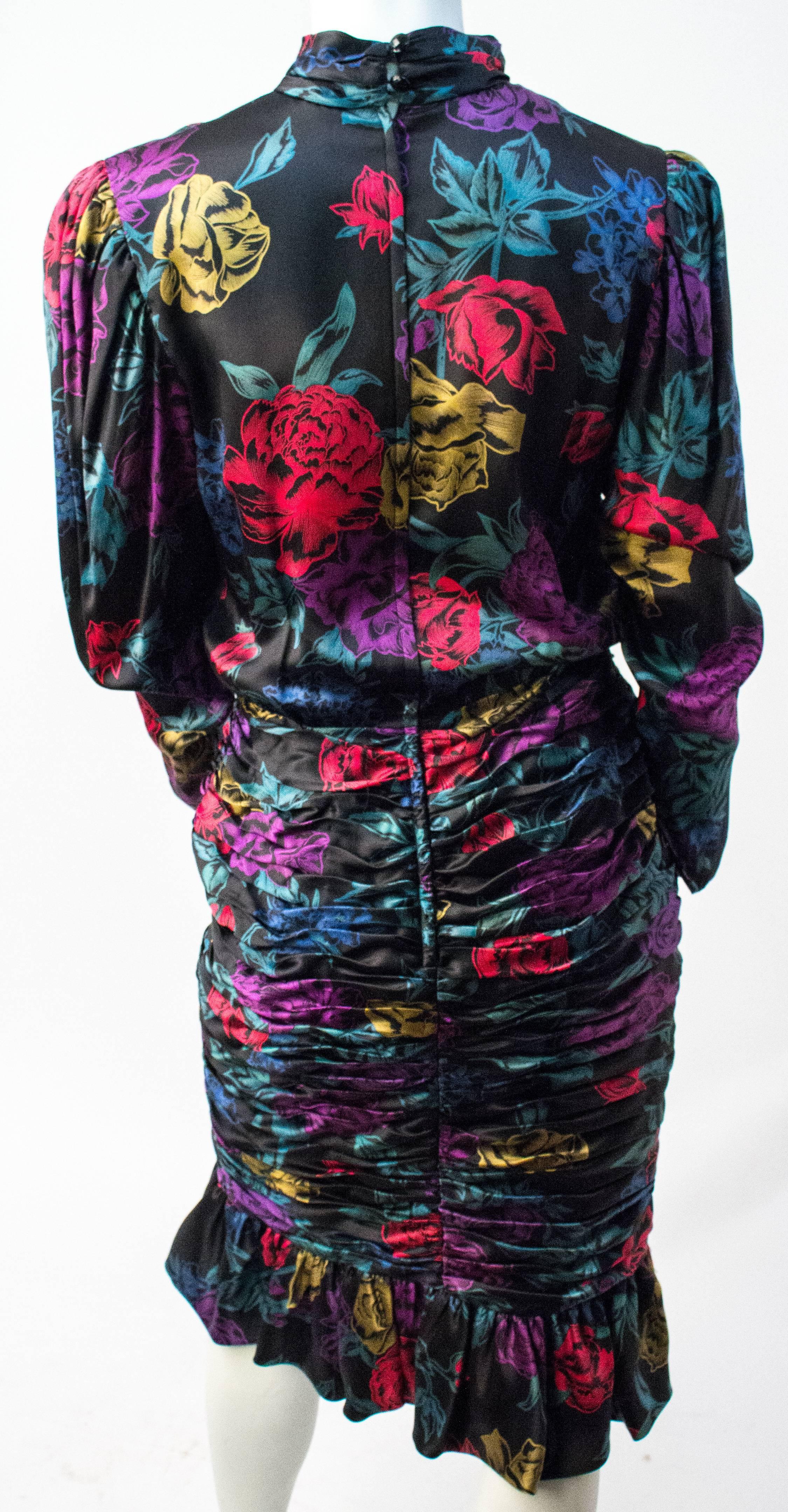 80s Albert Nipon Black Printed Satin Floral Dress. Fully lined, back zip closure. Buttons at back neck and sleeves.