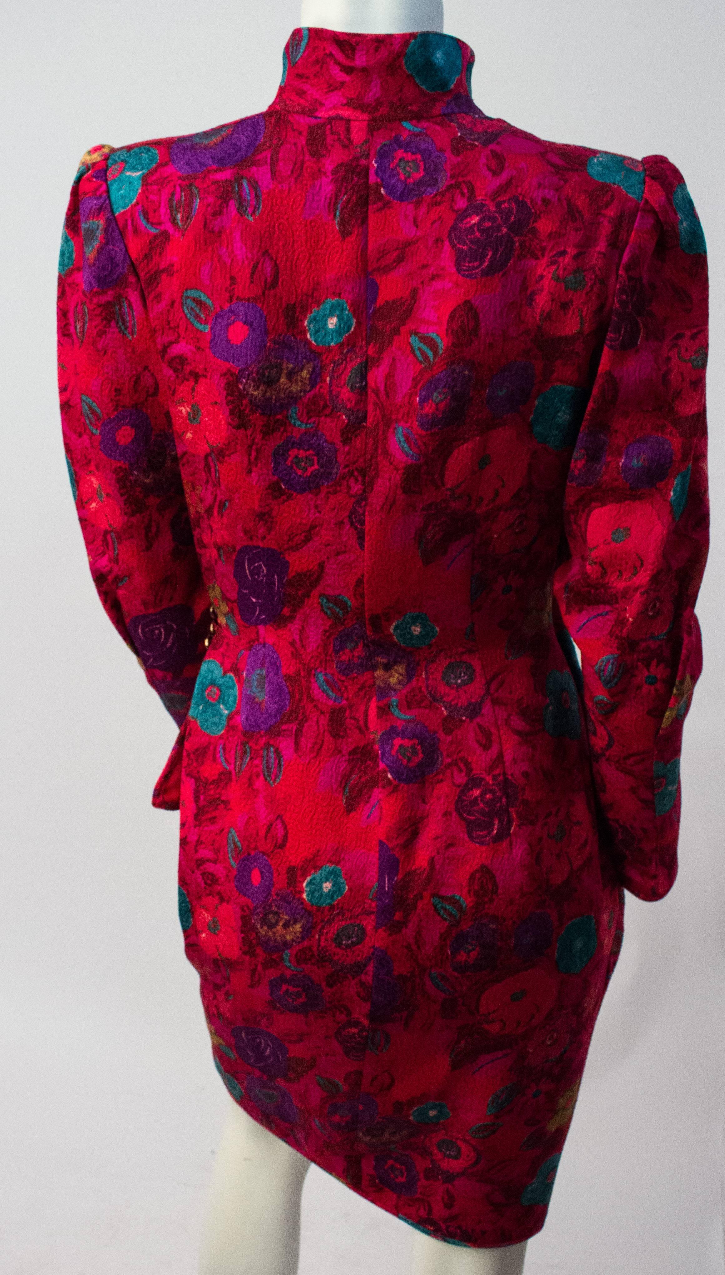 80s Ungaro Magenta Printed Jacquard Dress. Lined bodice and skirt. Hidden front zip, button side closures. 