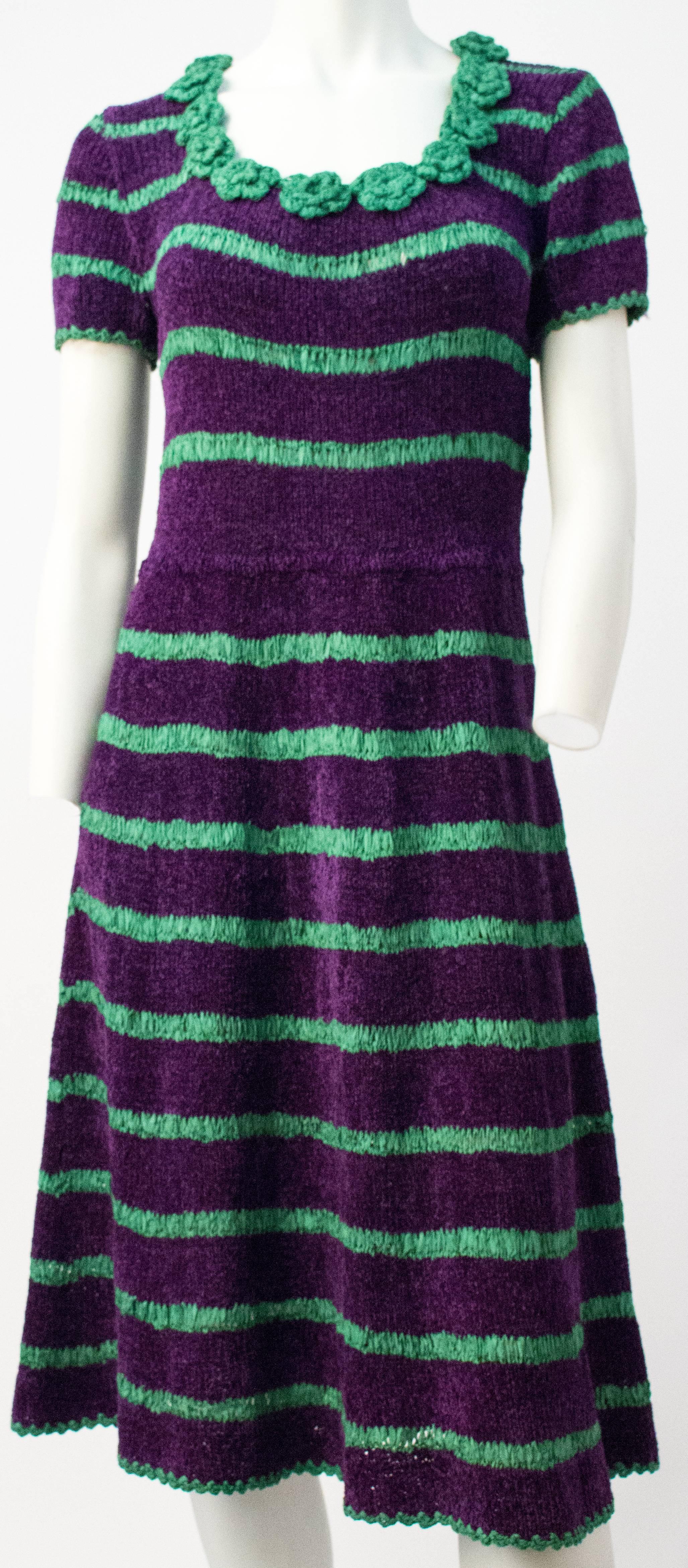 40s Green and Purple Stripe Chenille Yarn and Ribbonwork Dress. Handmade. No closures. Ribbon work flower neck detail. Aprox. US women's size 8-12.

26