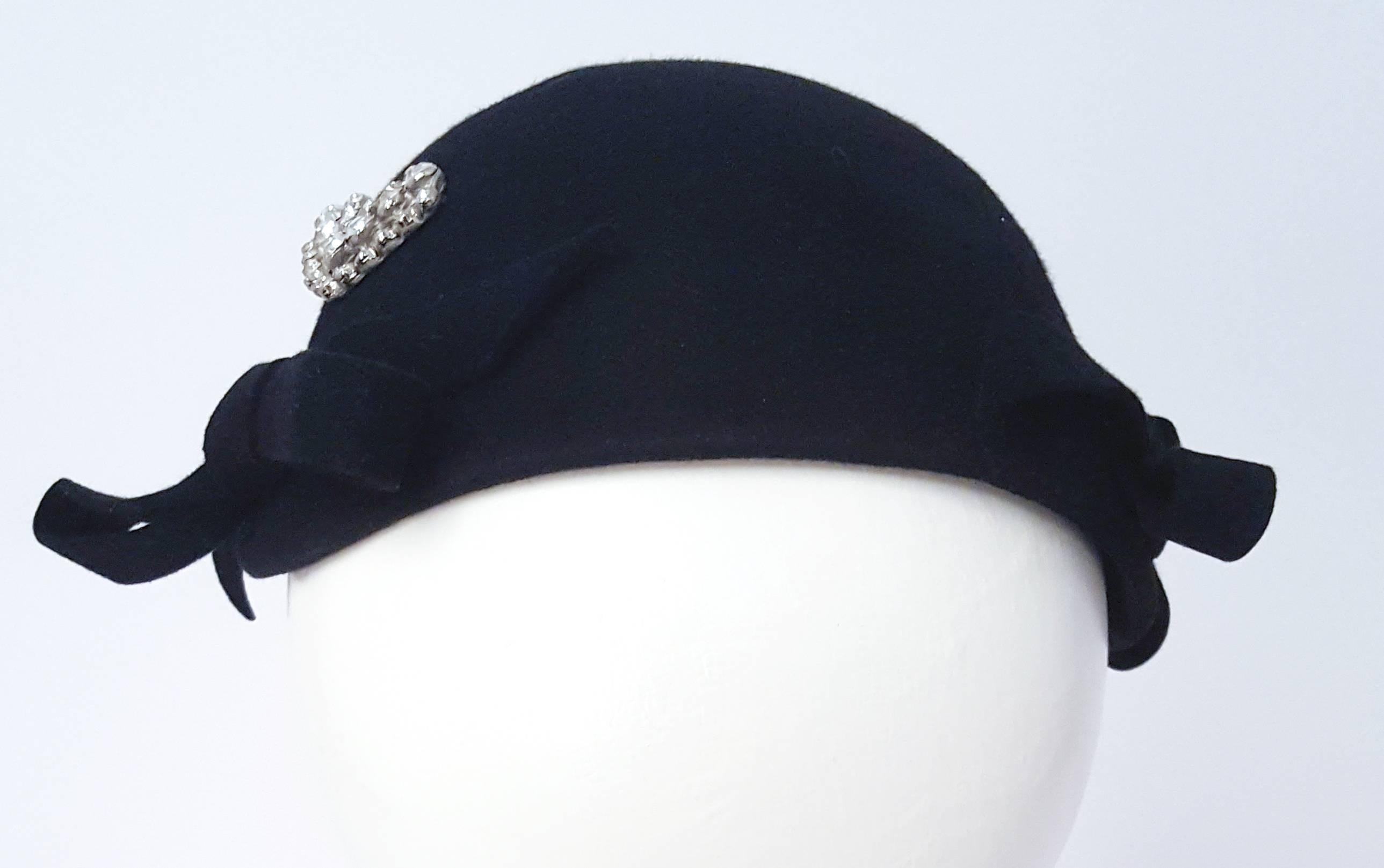 Women's 30s Black Felt Fashion Hat w/ Rhinestone Detail