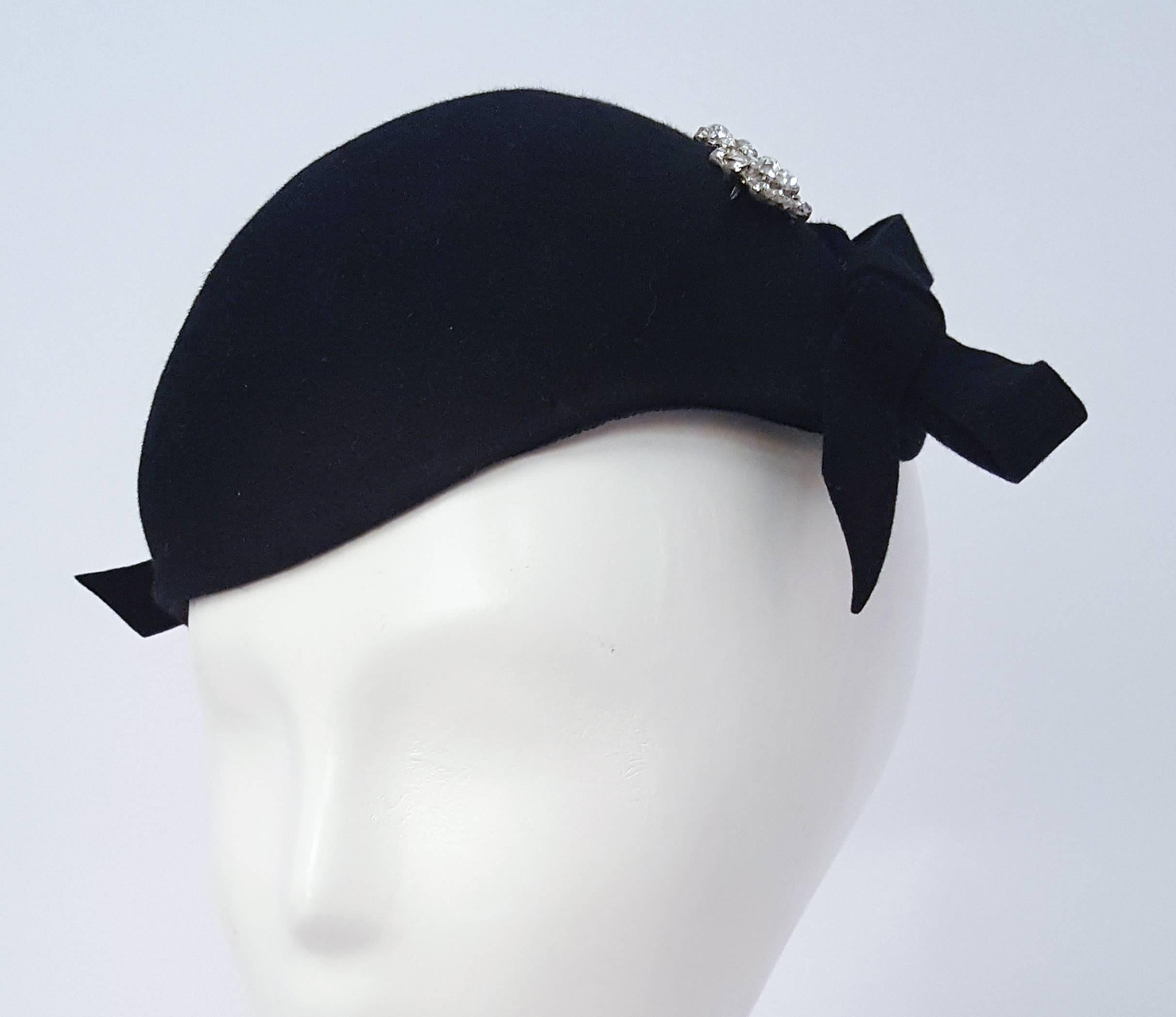 30s Black Felt Fashion Hat w/ Rhinestone Detail. 