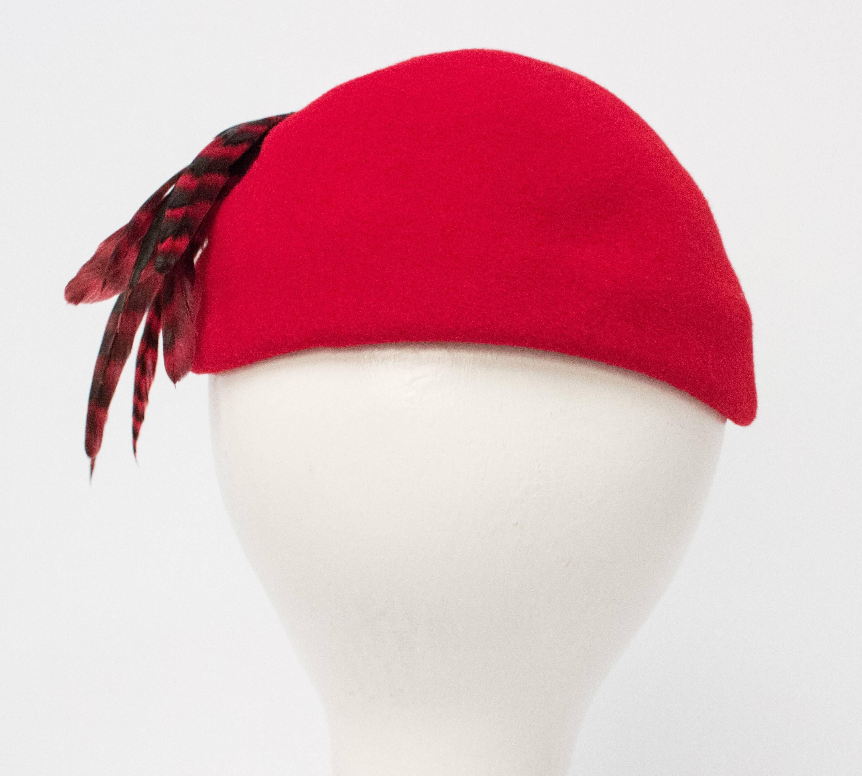 50s Red Wool Felt Fashion Hat w/ Feathers. 22