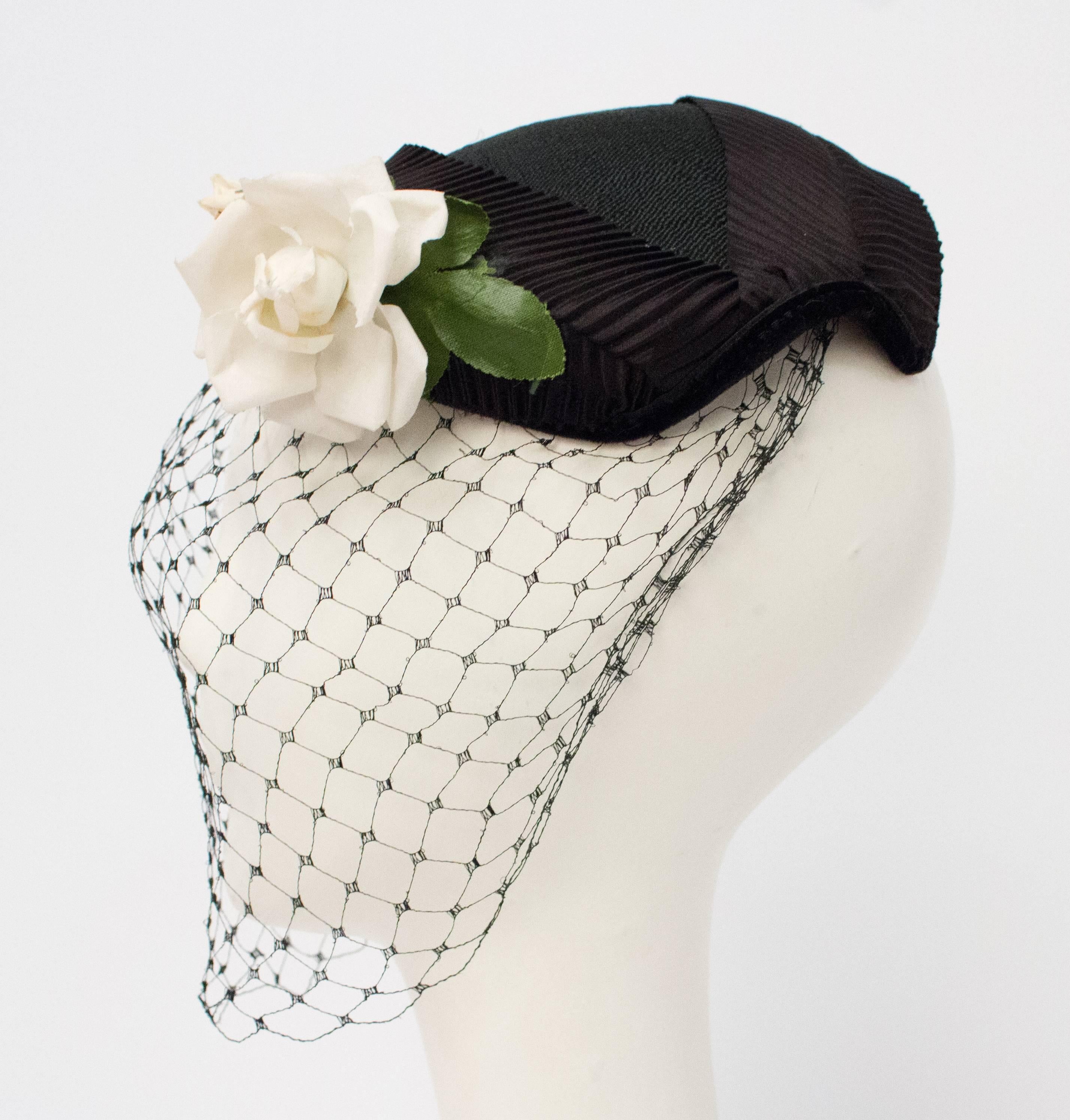 50s Black Veiled Hat w/ White Flower.
