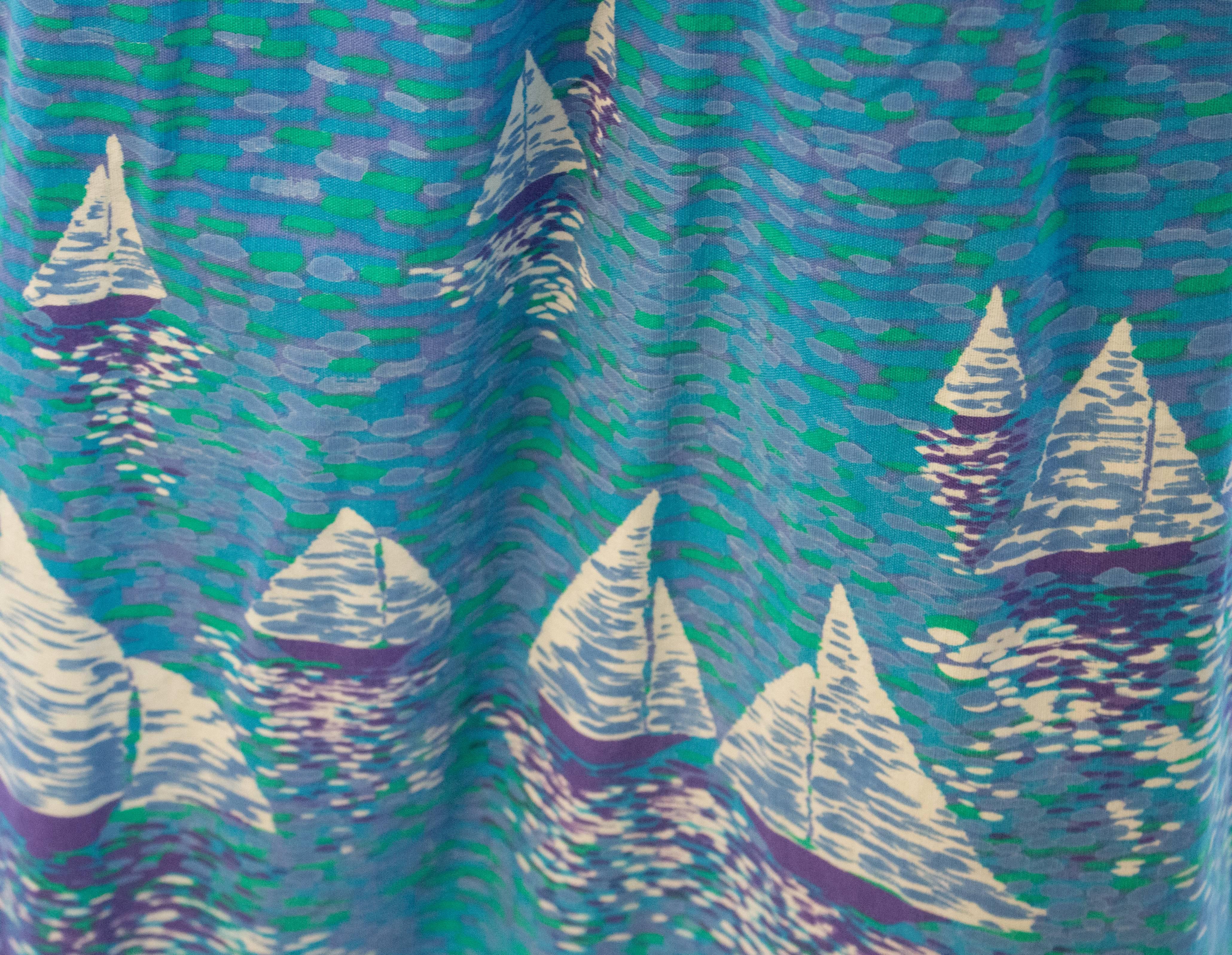 1970s Blue Printed Impressionist Sailboat Sundress In Good Condition In San Francisco, CA
