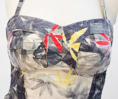 50s Bamboo Leaf Print Navy & White Tiki Dress