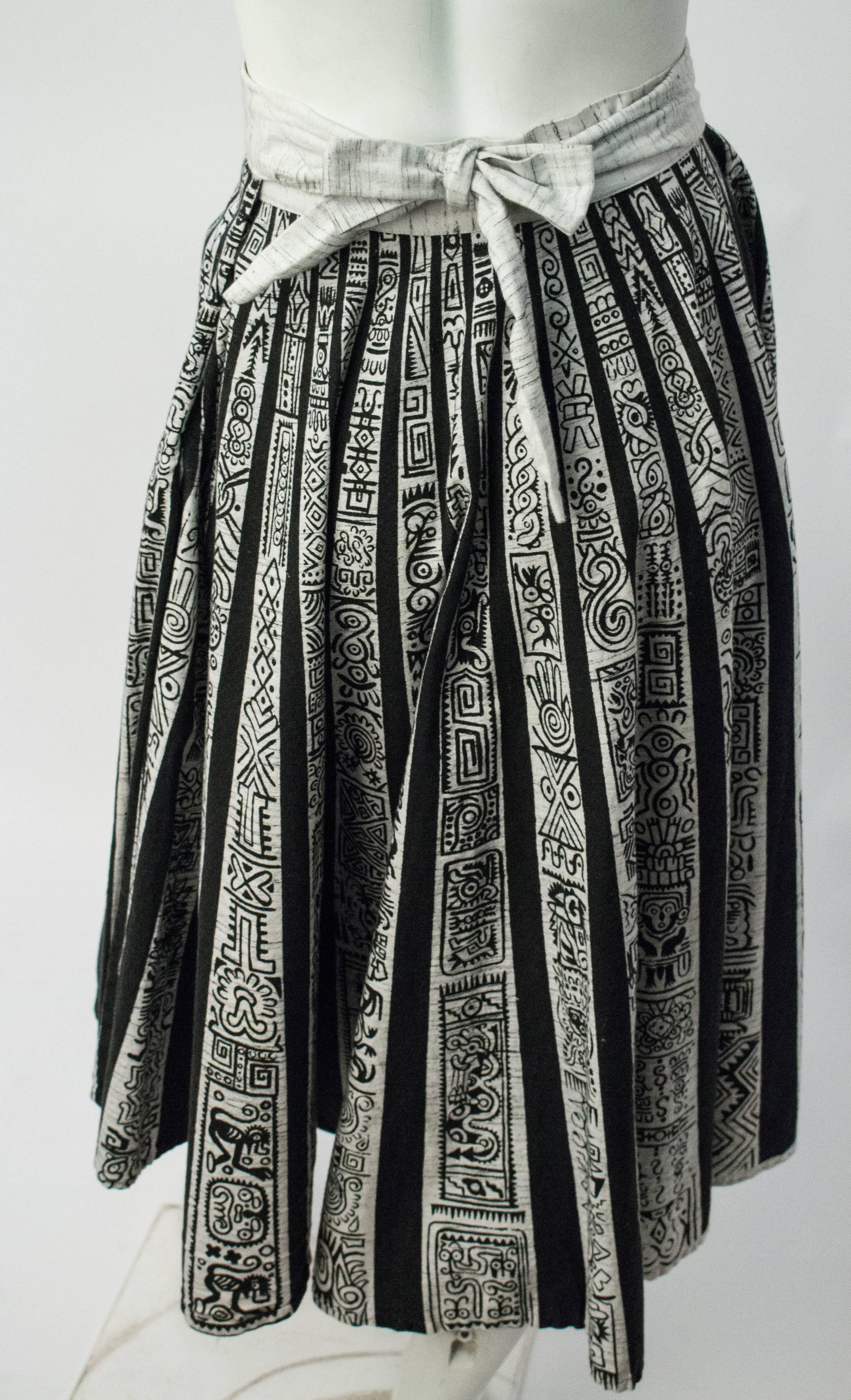 50s Aztec Print Skirt. Cotton, unlined. Waist tie closure, approximately 28" waist, adjustable due to closure method.
