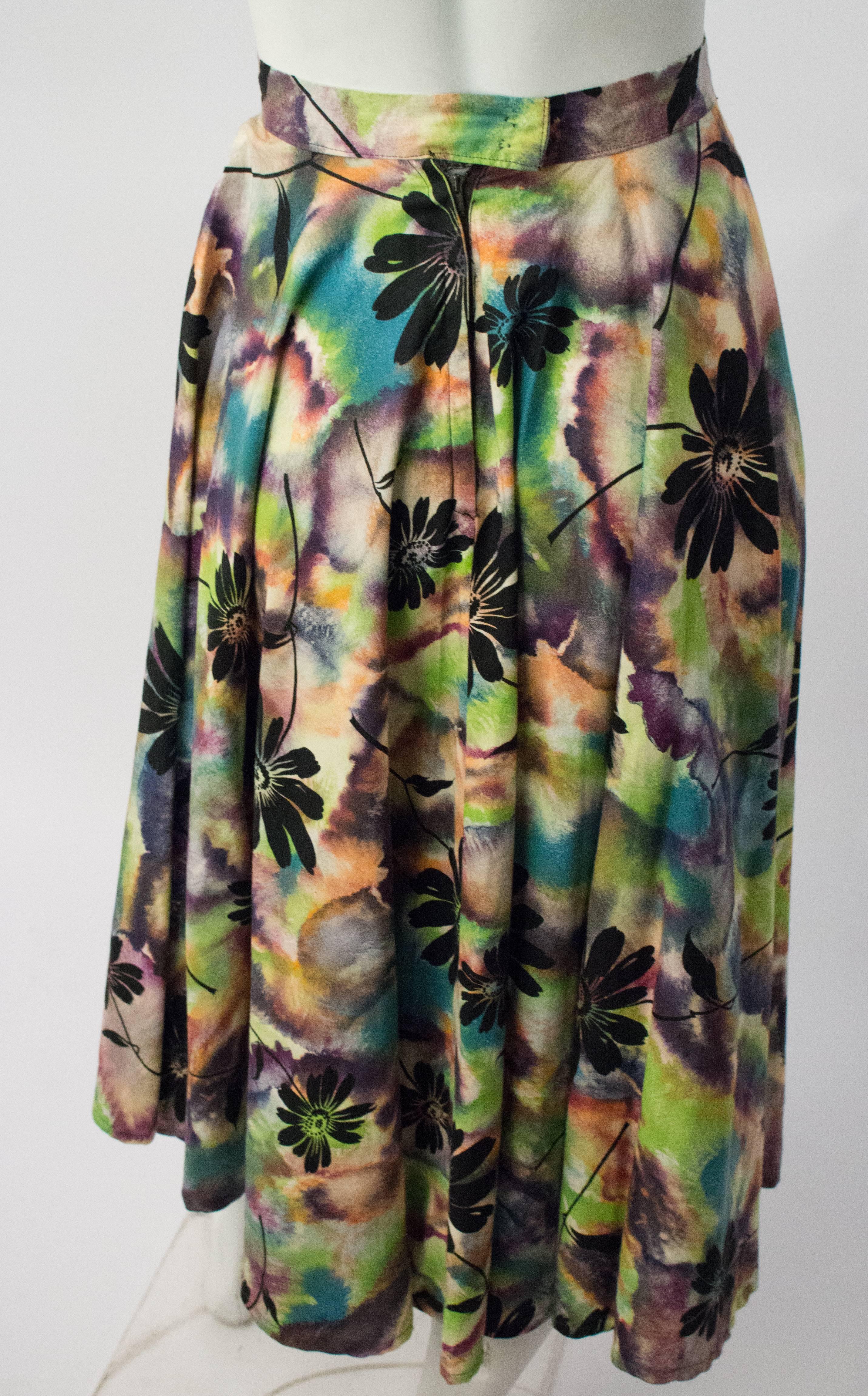 50s Watercolor Print Flared Skirt. Cotton, unlined. Side metal zip. 