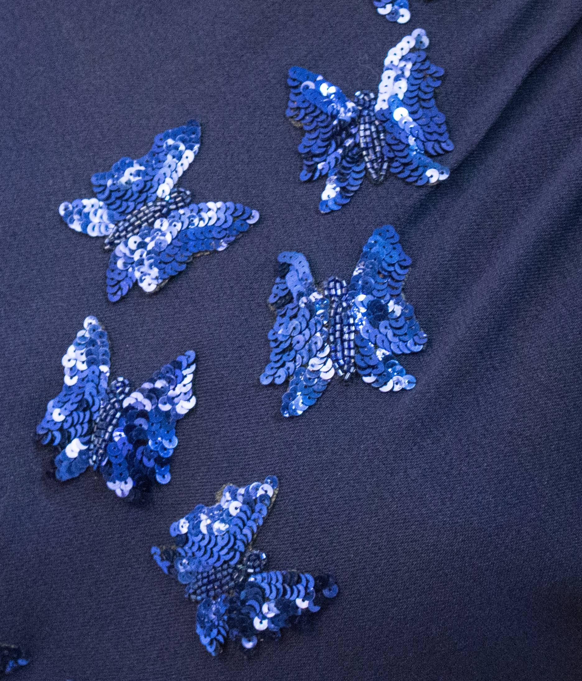 Black 40s Navy Blue Crepe Dress w/ Sequin Butterflies