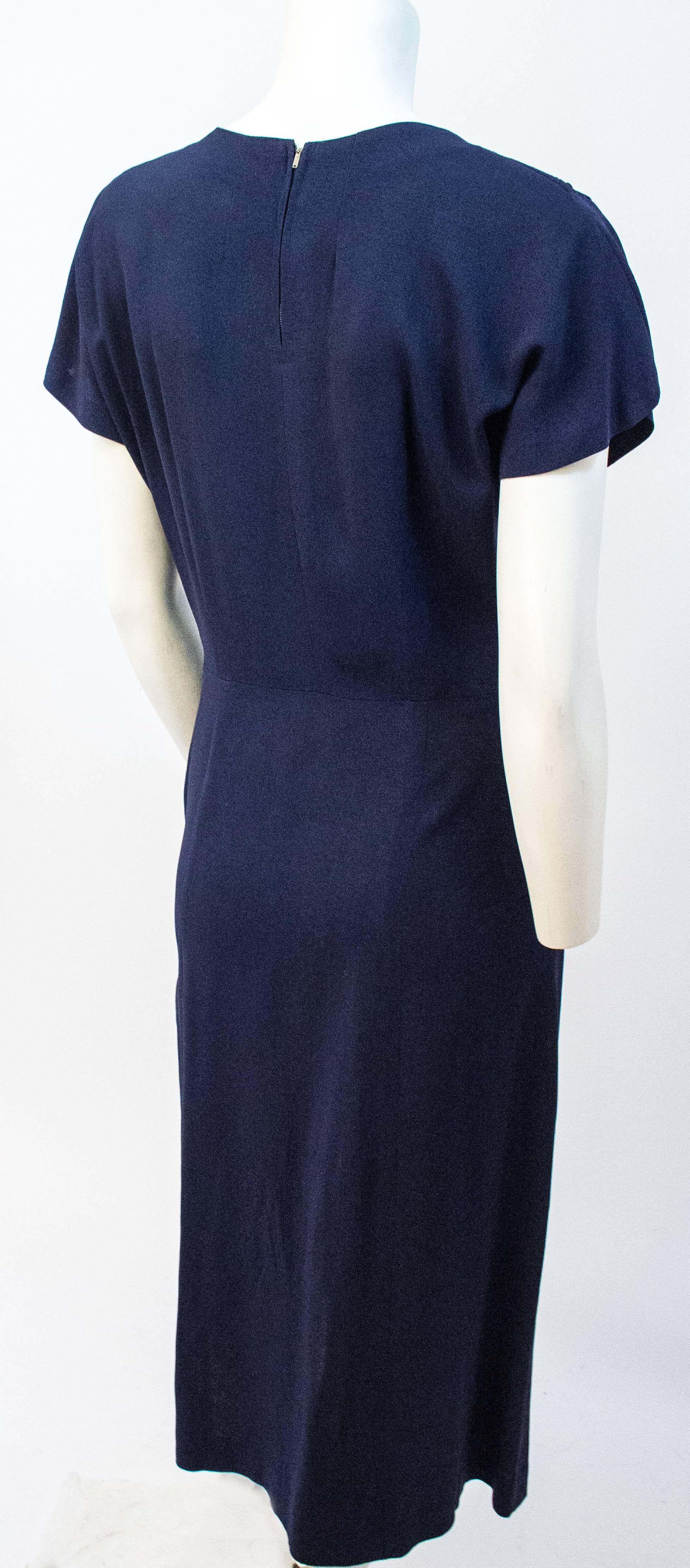 40s Navy Blue Crepe Dress w/ Sequin Butterflies. Back and size zip. 