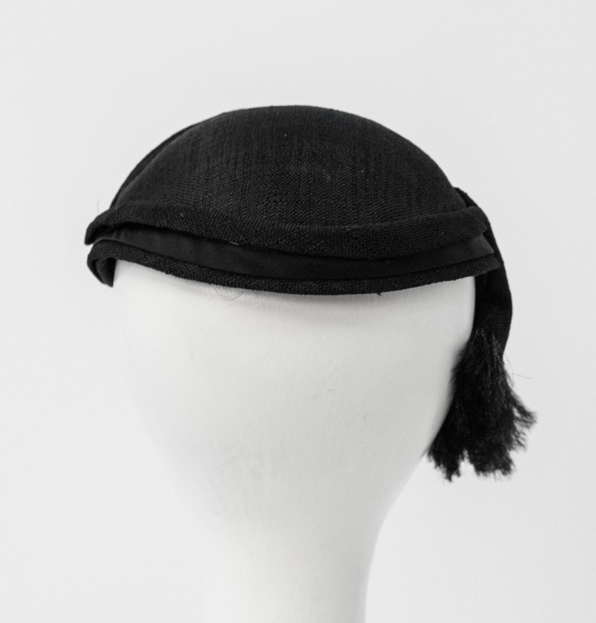 Women's 50s Black Linen Hat w/ Pullwork Detail