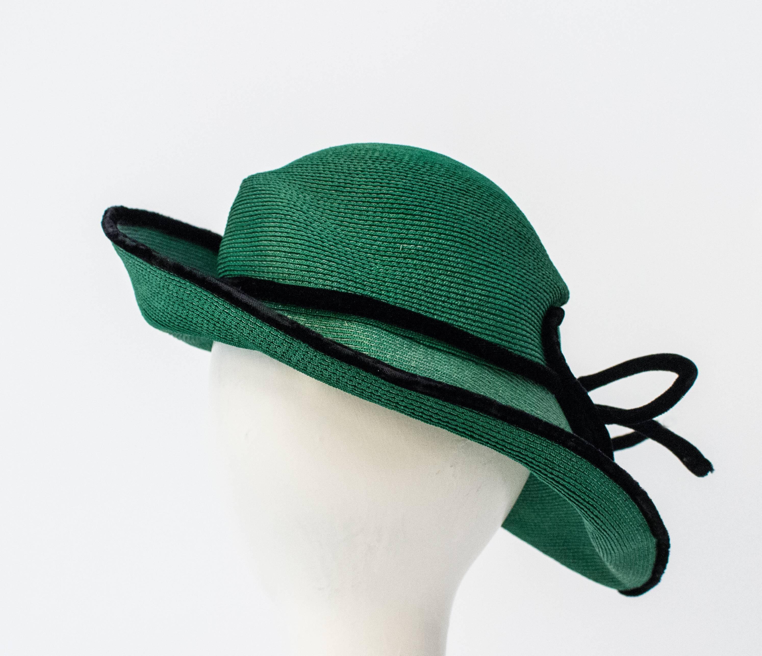 Blue 40s Green Straw Hat w/ Black Velvet Trim
