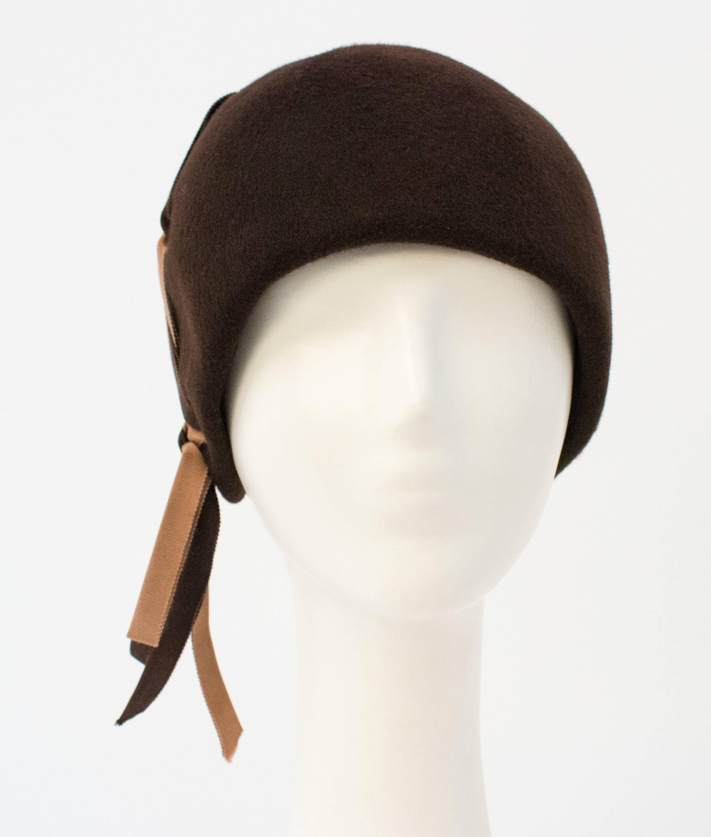 60s Brown Wool Felt Mod Hat w/ Lace-up Detail. 22