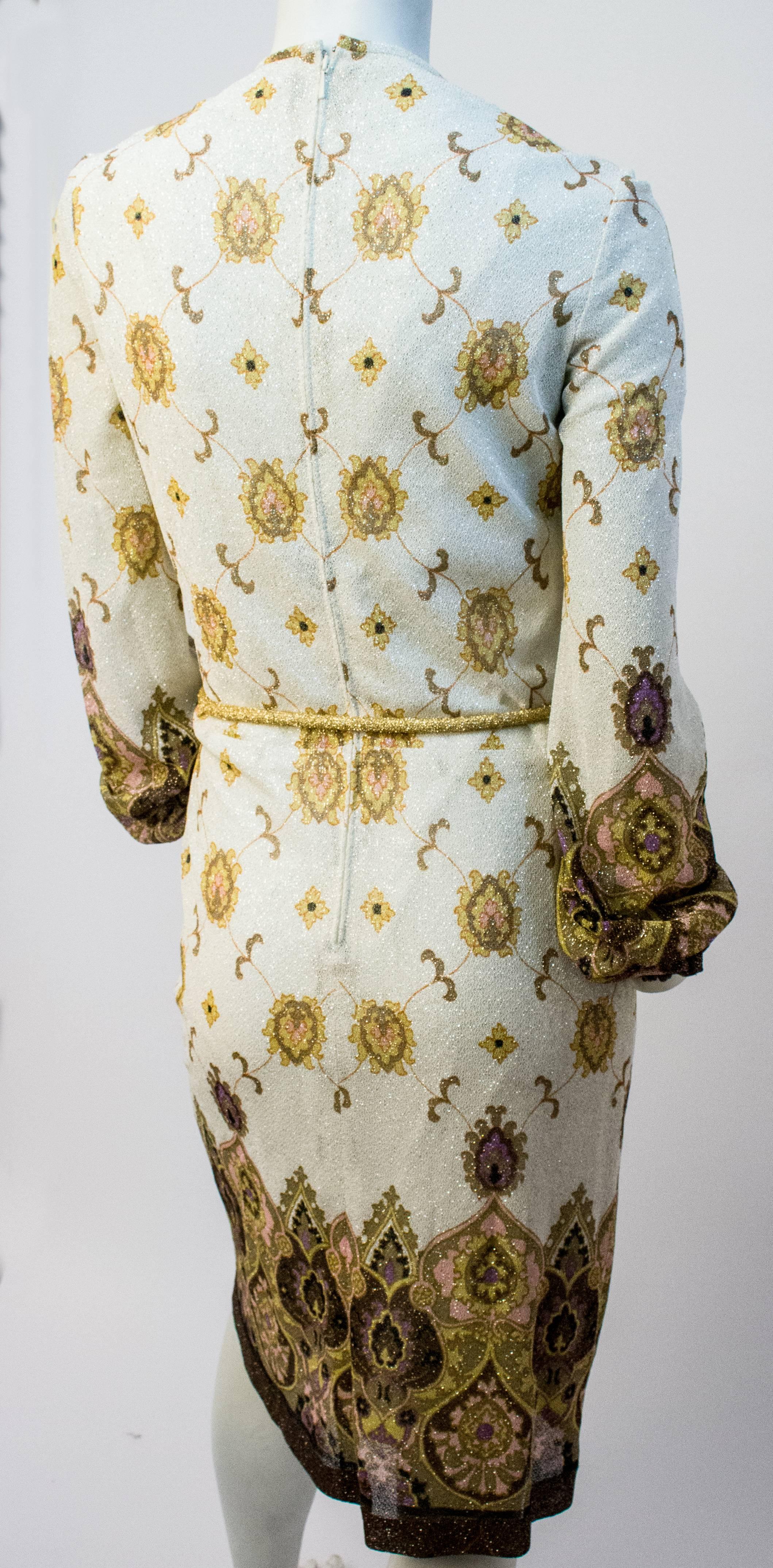 60s Indian Print Lamé Knit Dress. Original rope belt. Back zip closure.