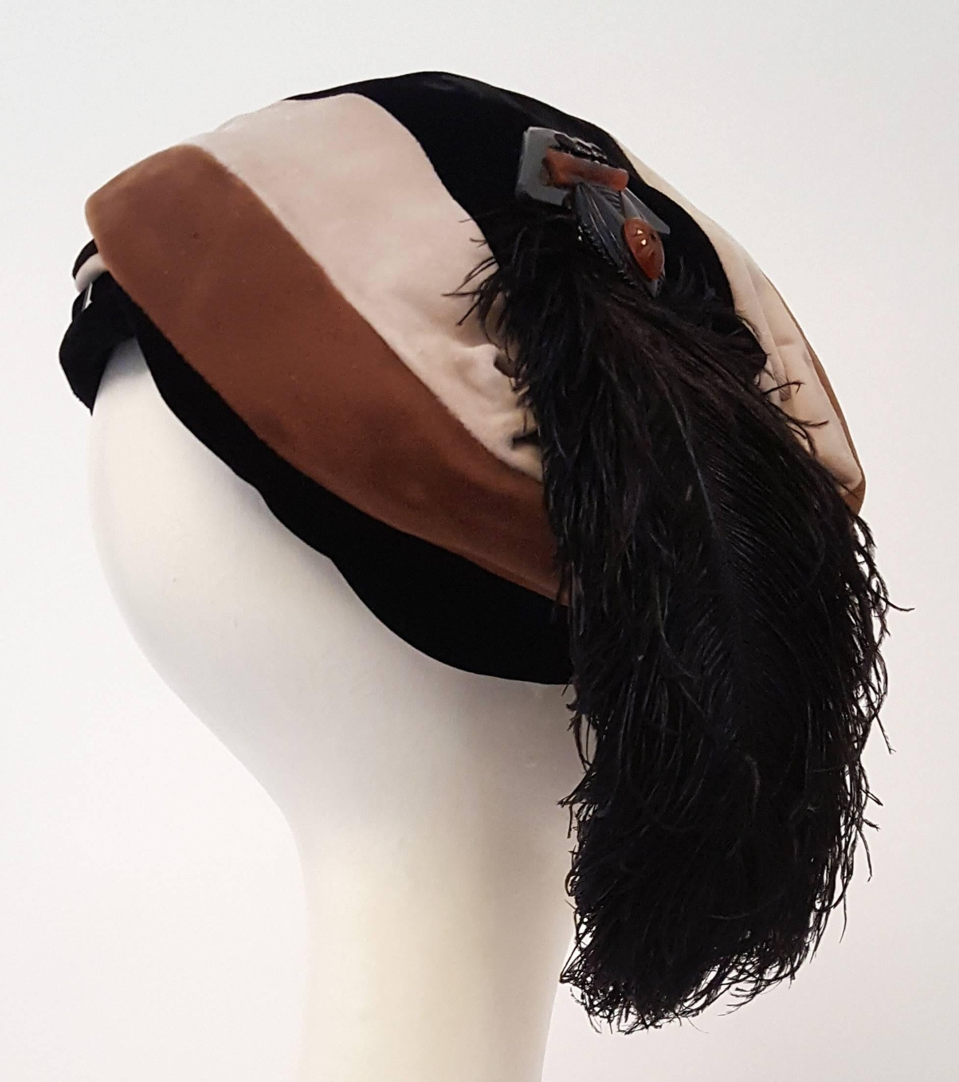 Black 50s Velvet Hat Deco Glass Embellishment with Marabou Feather 