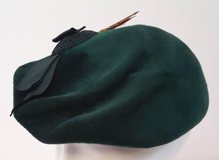 Black 30s Green Felt Hat with Feather For Sale