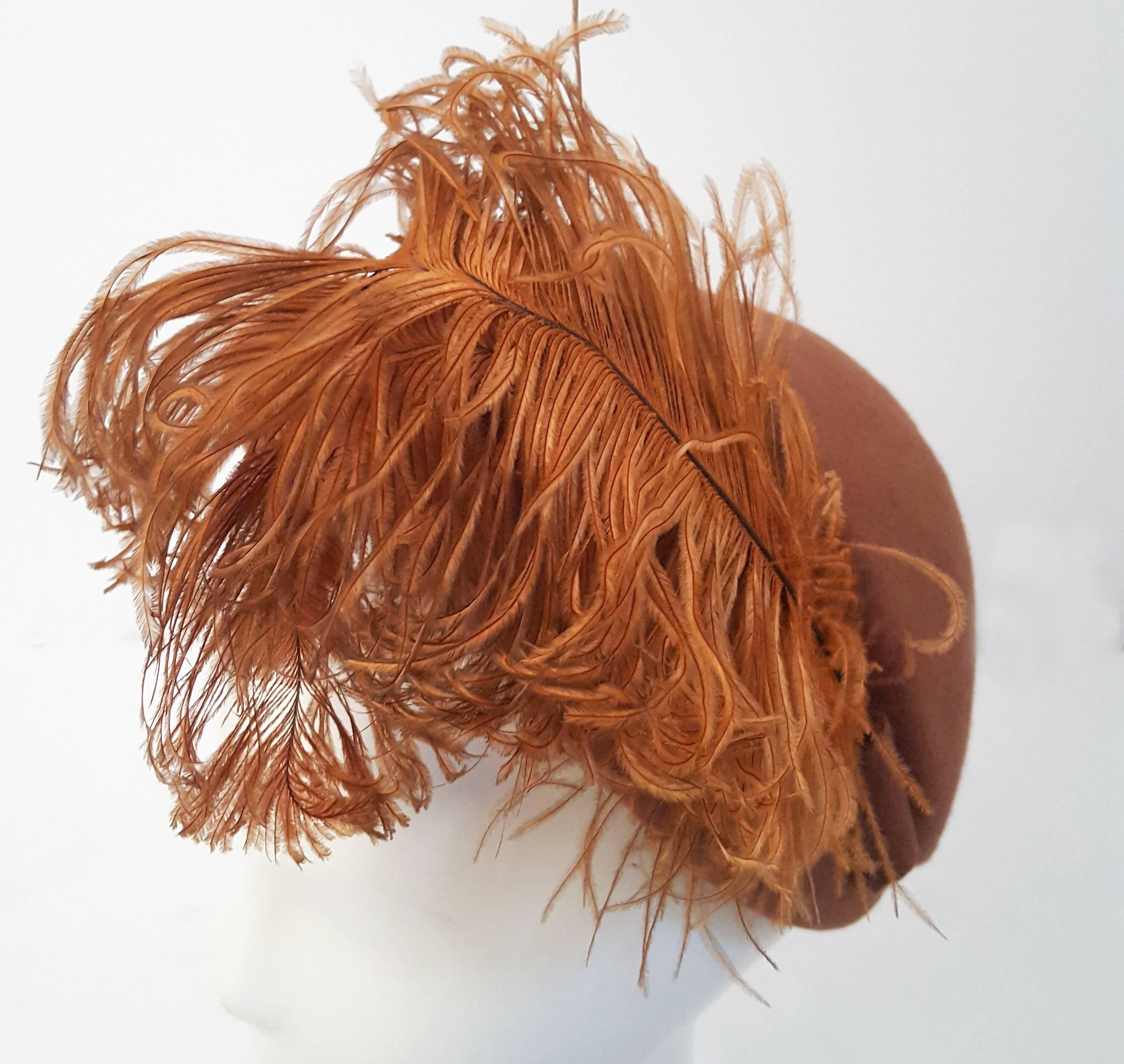 Women's 40s Rust Colored Felt Hat with Curled Marabou Feathers