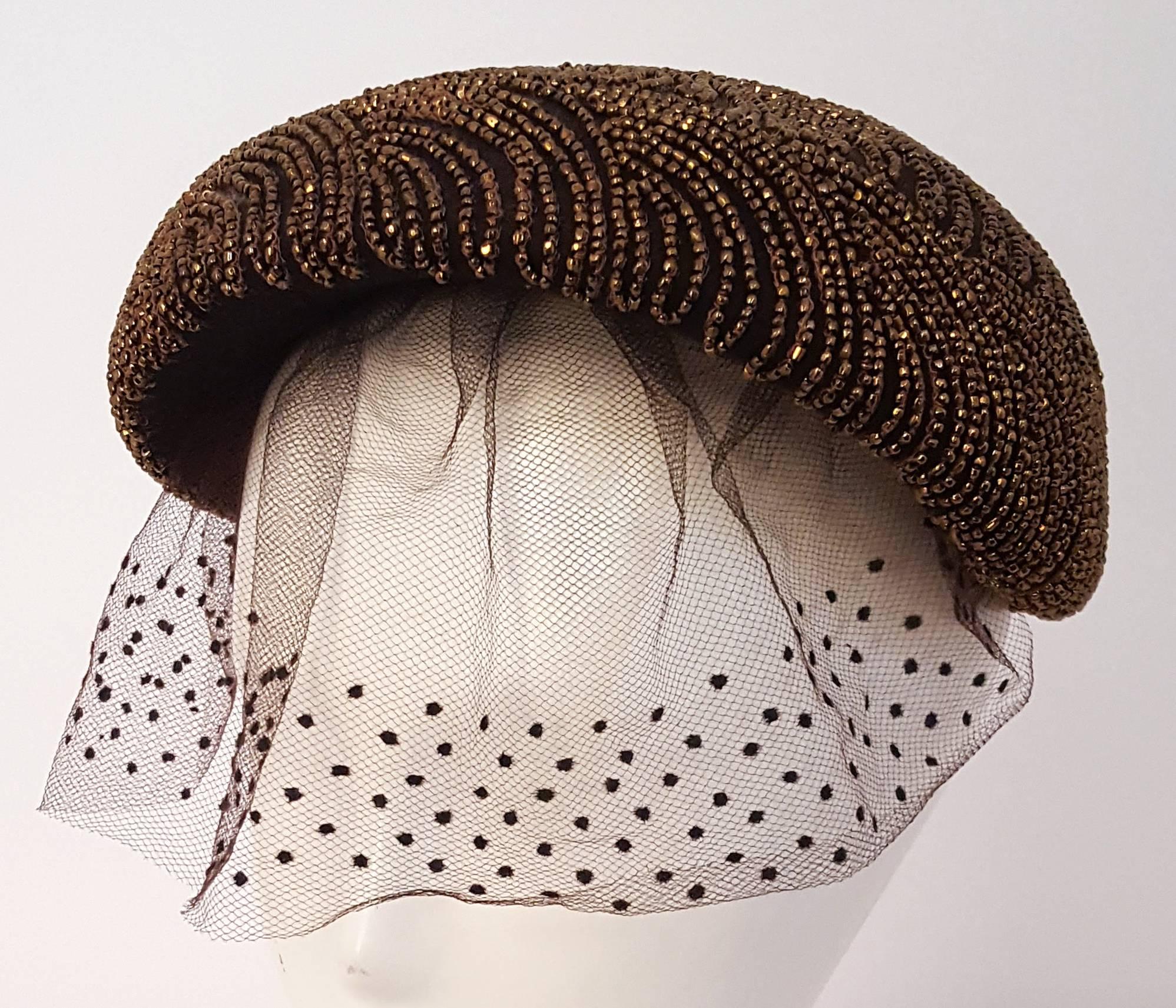 40s/50s Brown Hand Beaded Hat with Decorated Veil