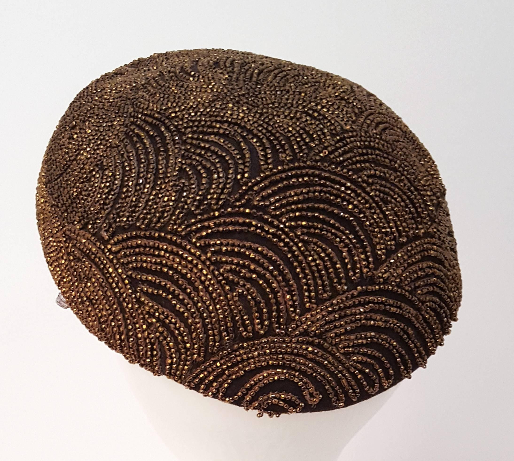 Beige 40s/50s I. Magnin Brown Hand Beaded Hat with Decorated Veil