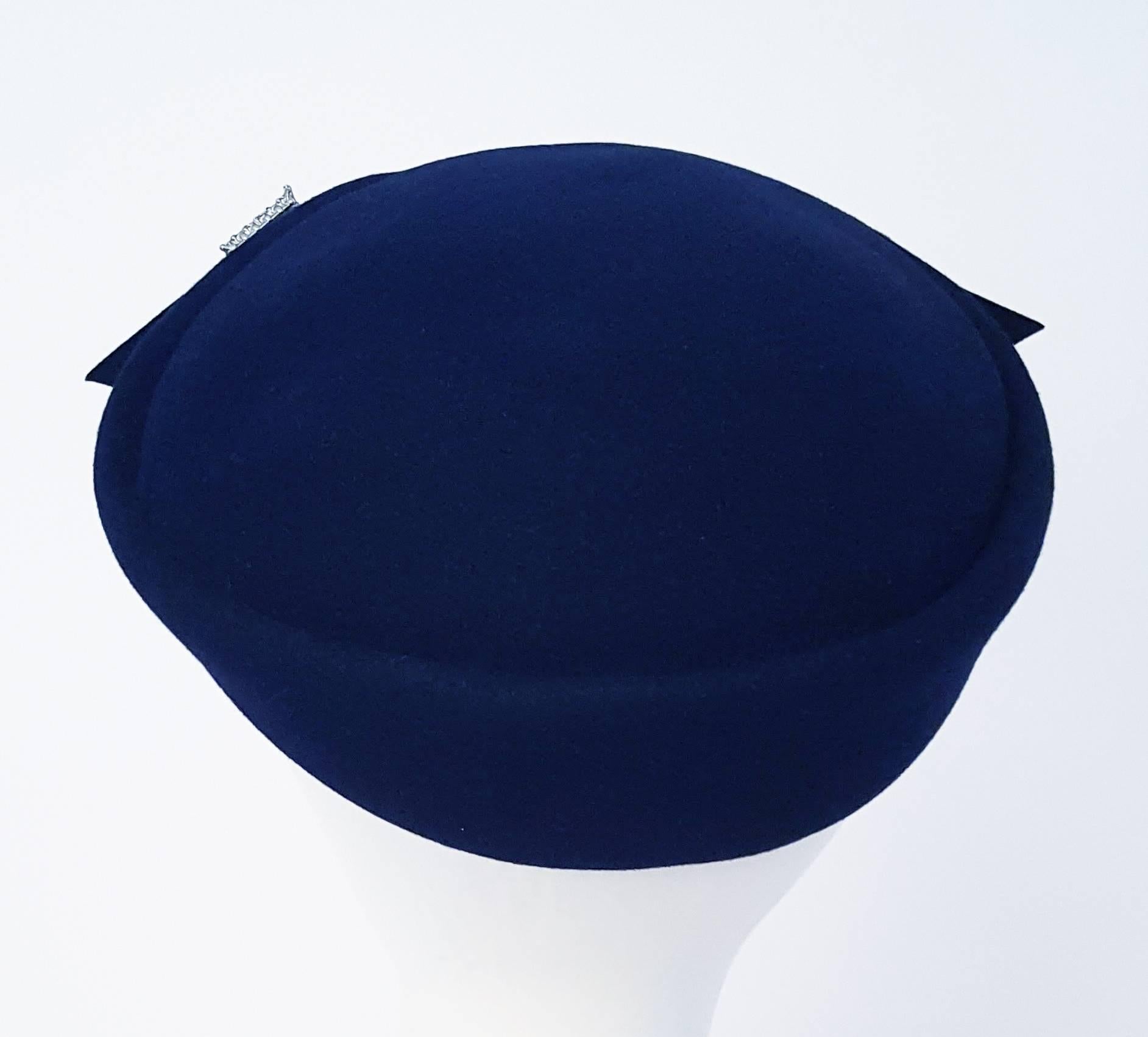 Women's 40s Navy Felt Hat with Rhinestone Accents 