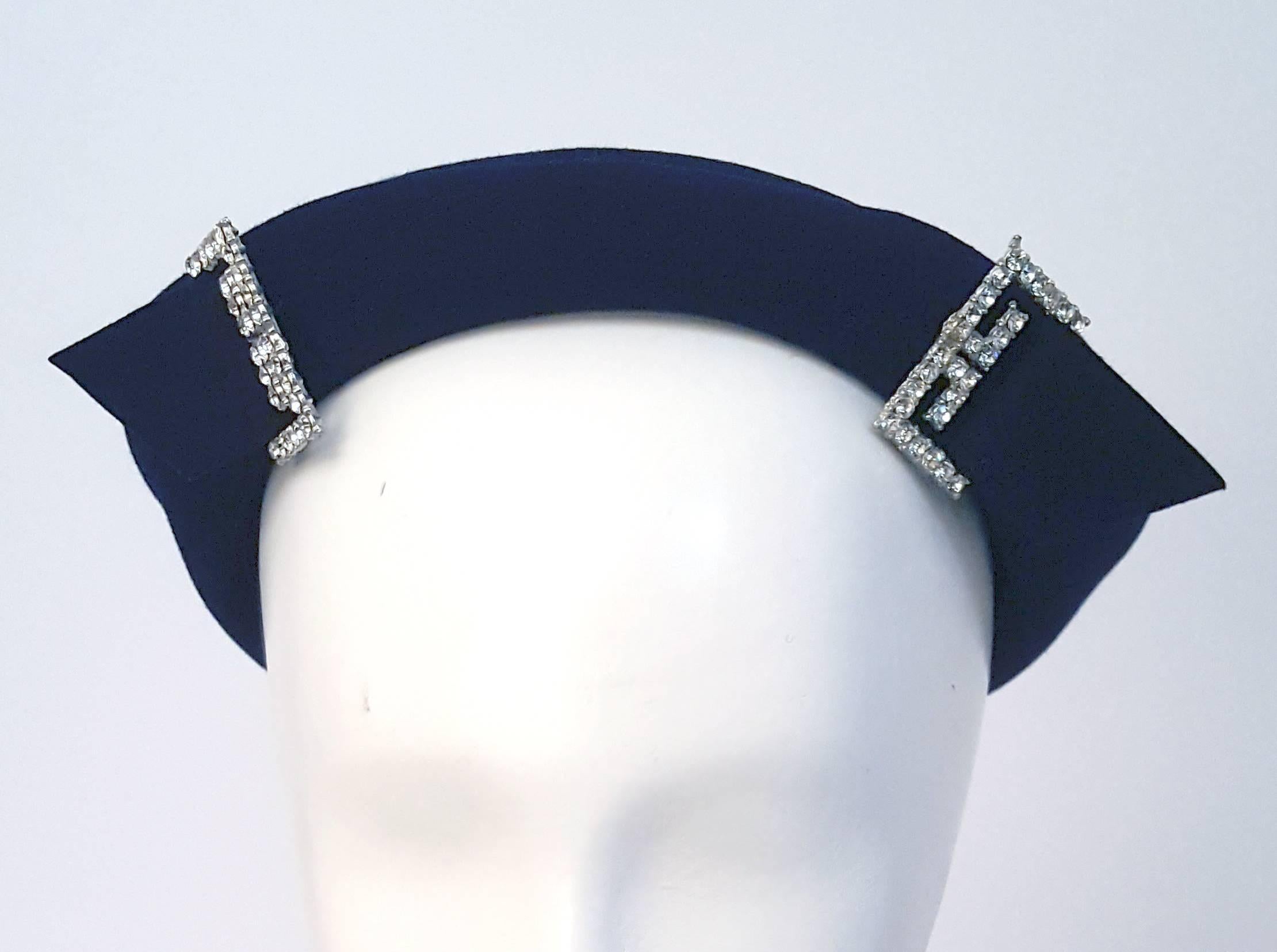40s Navy Felt Hat with Rhinestone Accents  In Excellent Condition In San Francisco, CA