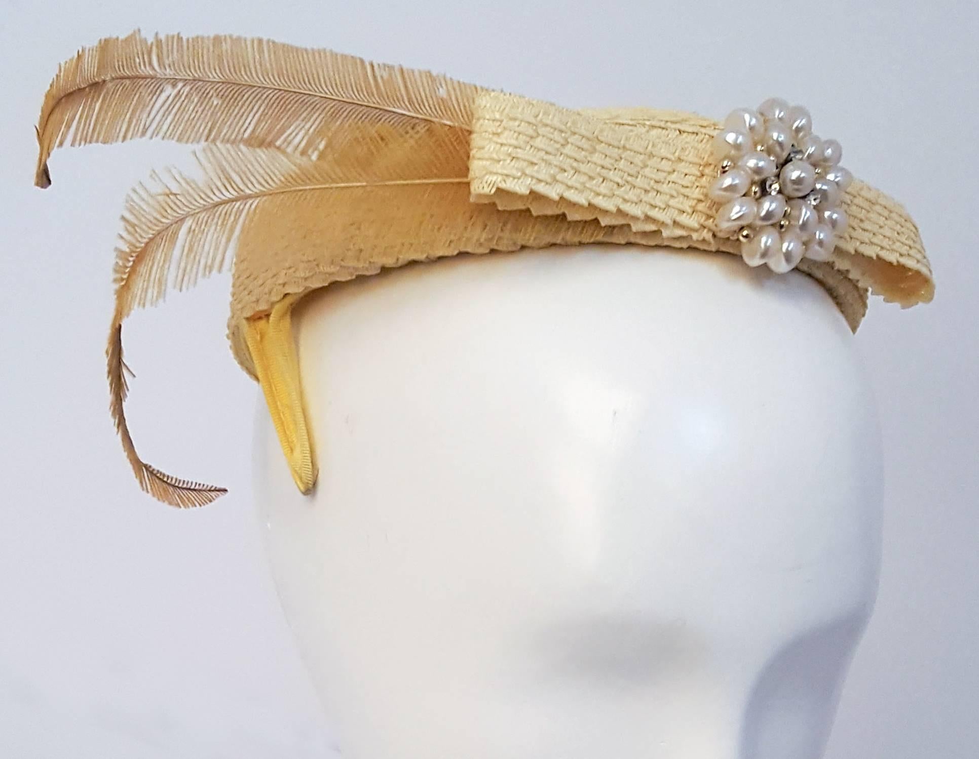 50s Sunshine Yellow Straw Feathered Hat. Wired prongs hold hat to head. 