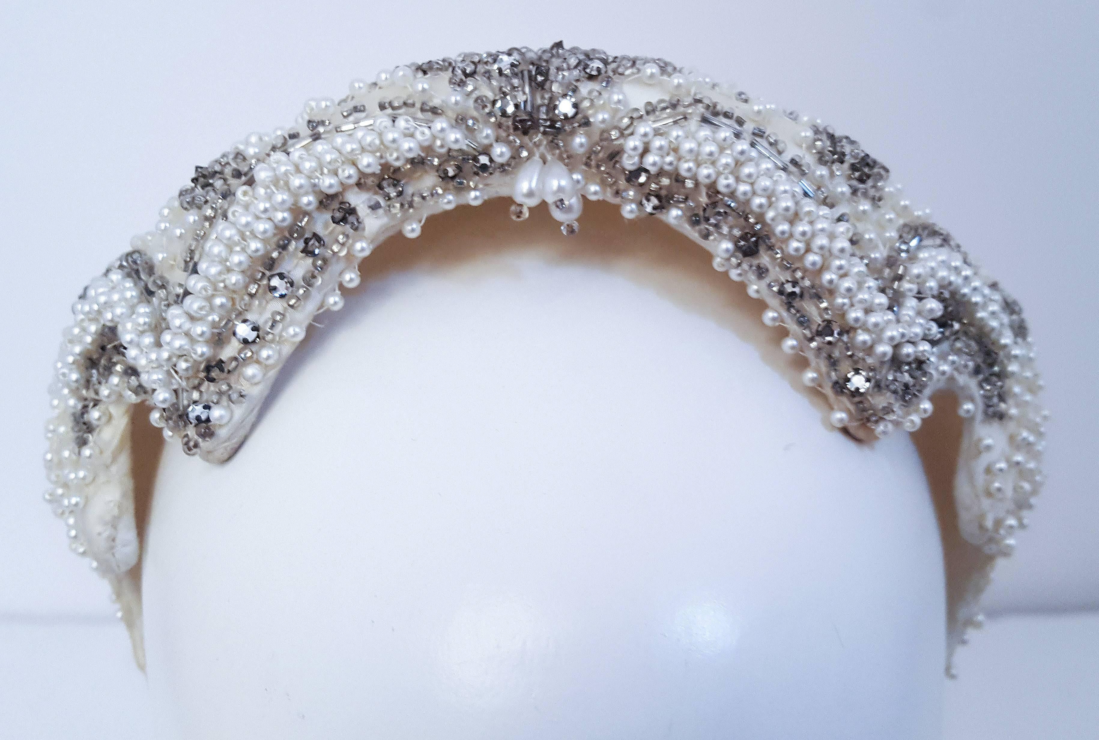50s Beaded White Satin Hat In Excellent Condition In San Francisco, CA