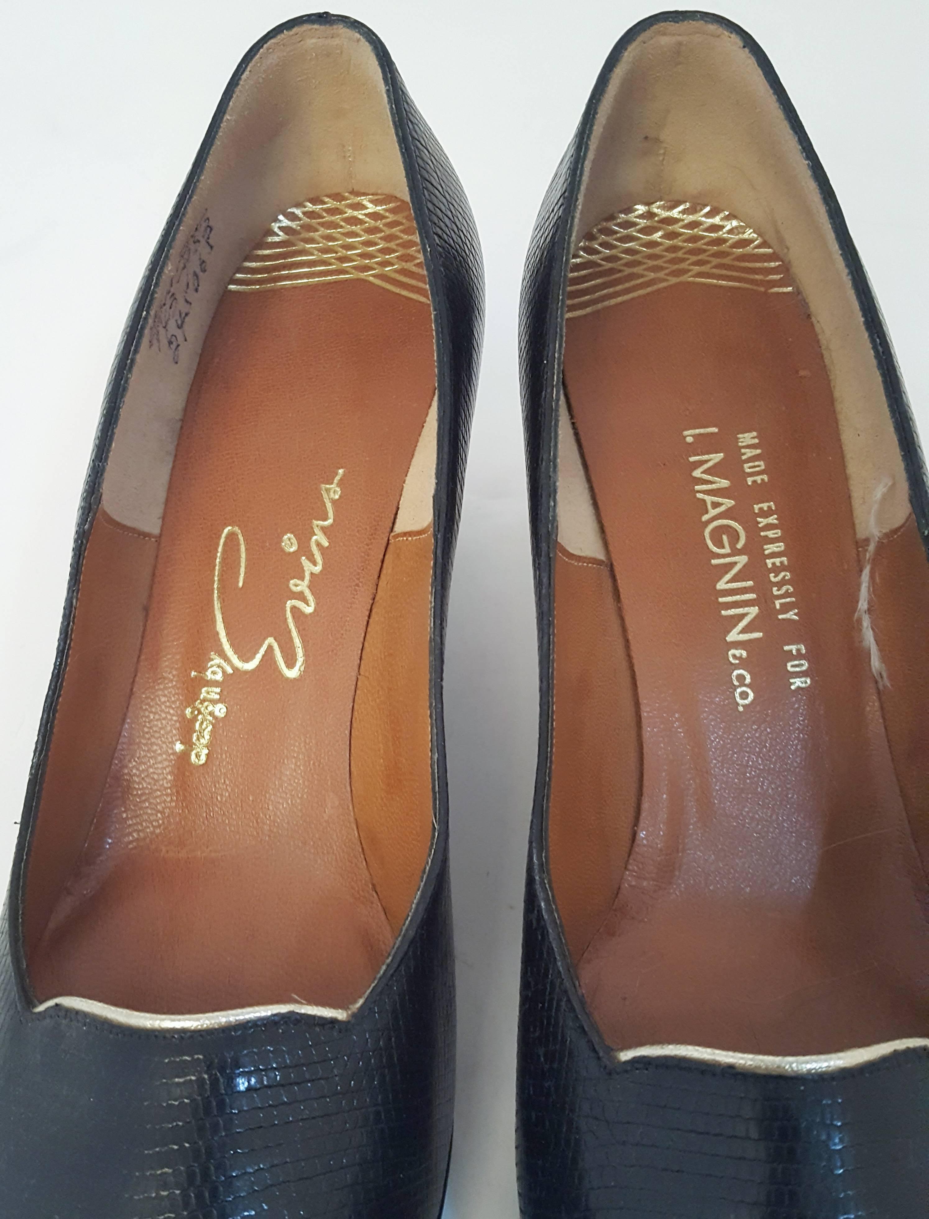 60s Black Pressed Leather Low Heel In Excellent Condition For Sale In San Francisco, CA