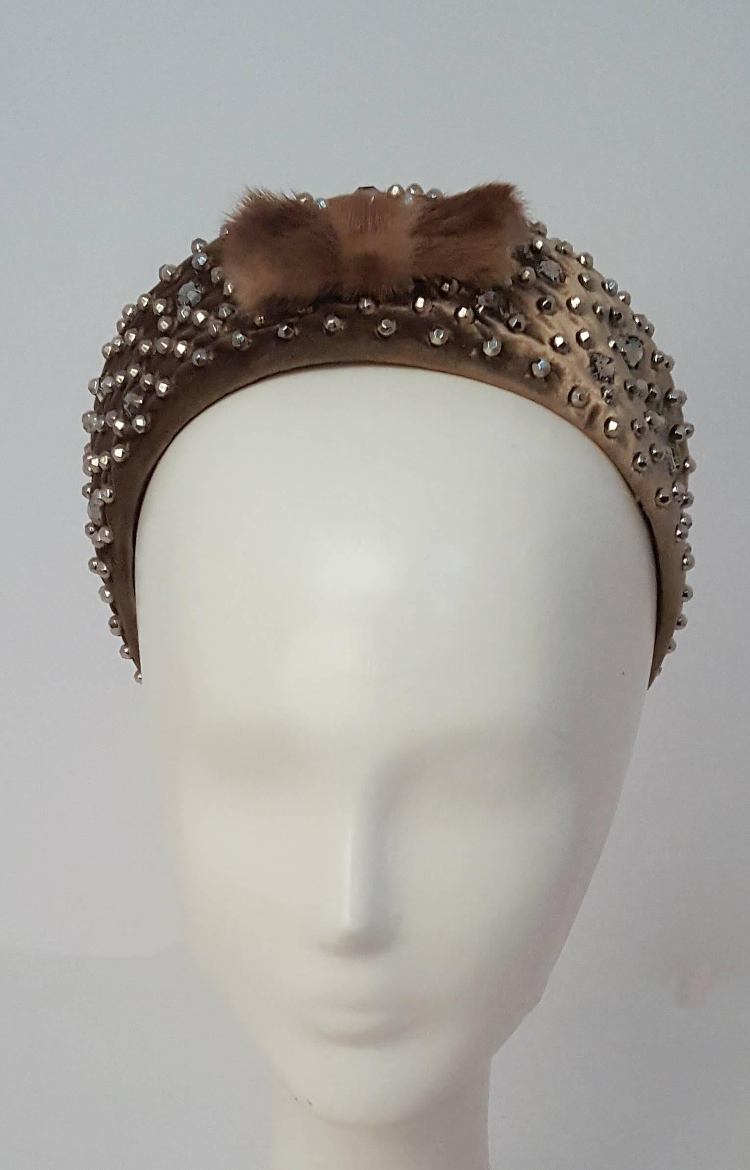 Gray 60s Hand Studded Pill Box Cocktail Hat with Mink Bow 