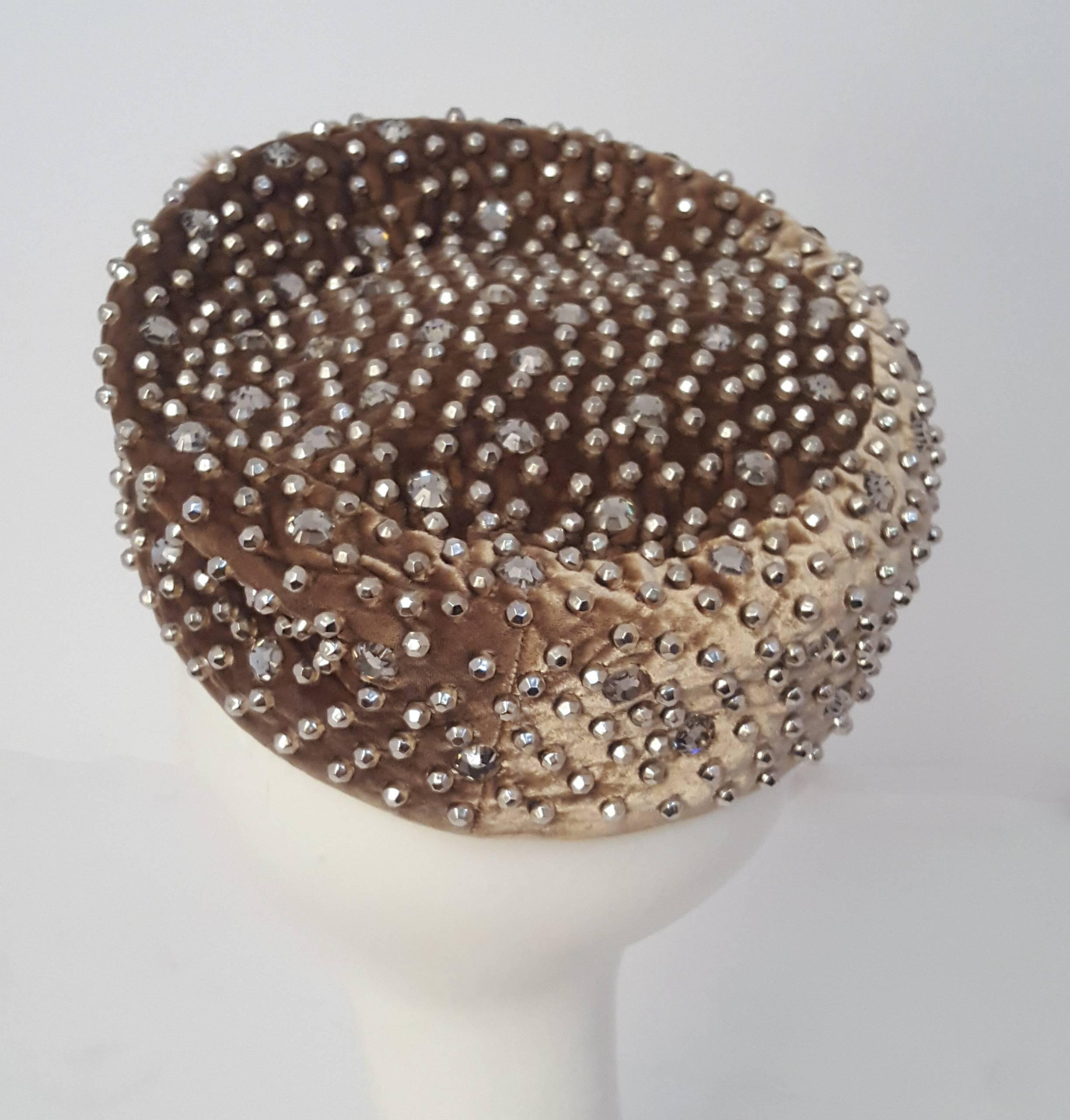 Women's 60s Hand Studded Pill Box Cocktail Hat with Mink Bow 