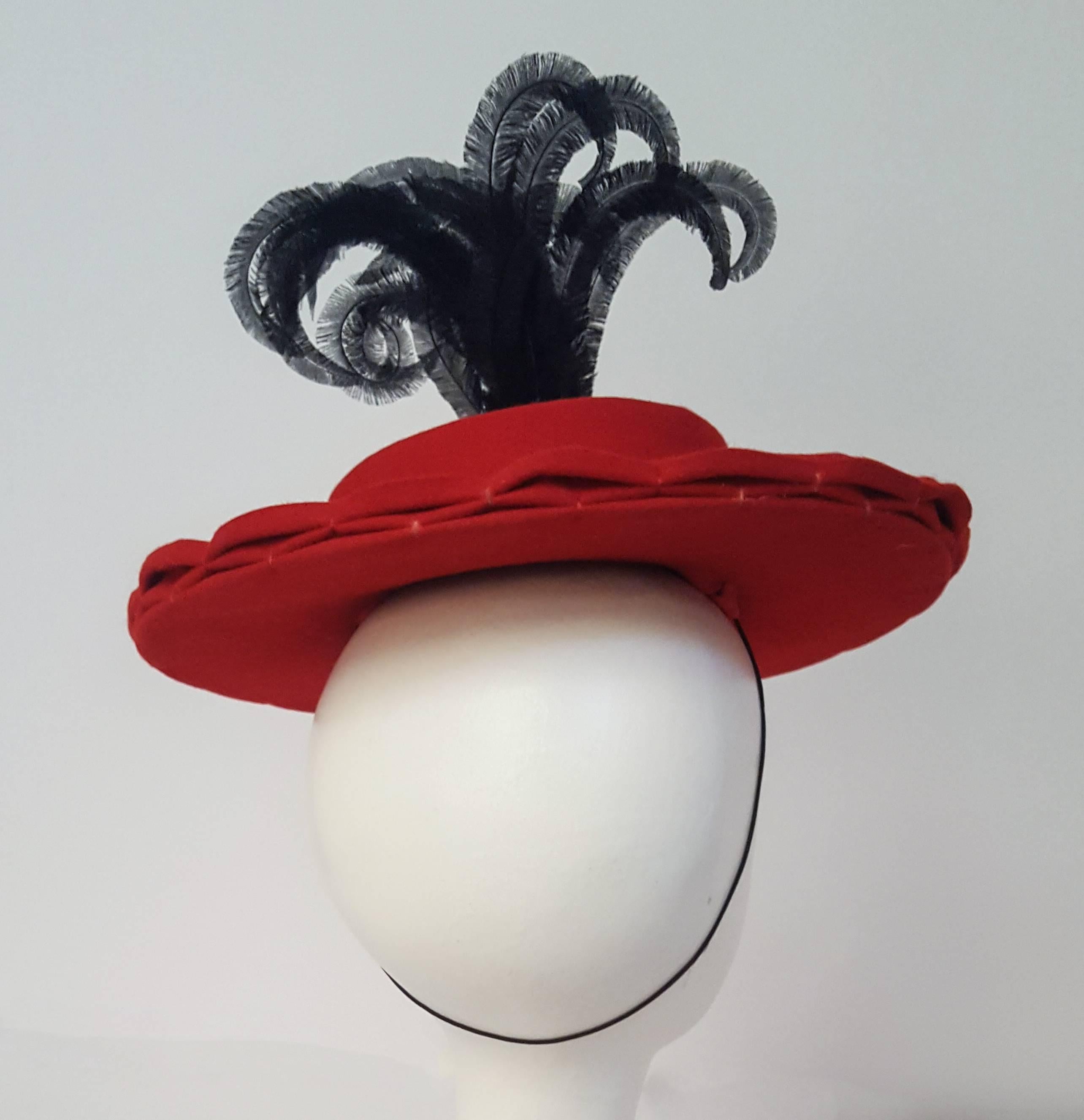40s Red Felt Toy Fashion Hat with Hand Curled Feathers  1