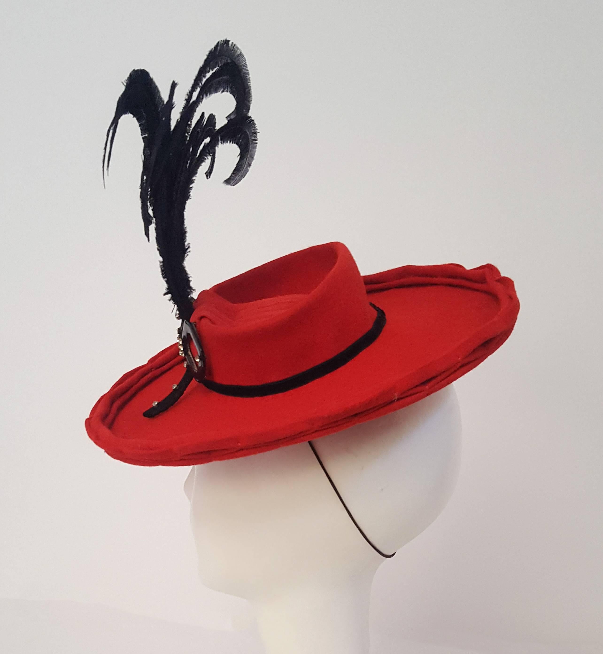 Women's 40s Red Felt Toy Fashion Hat with Hand Curled Feathers 