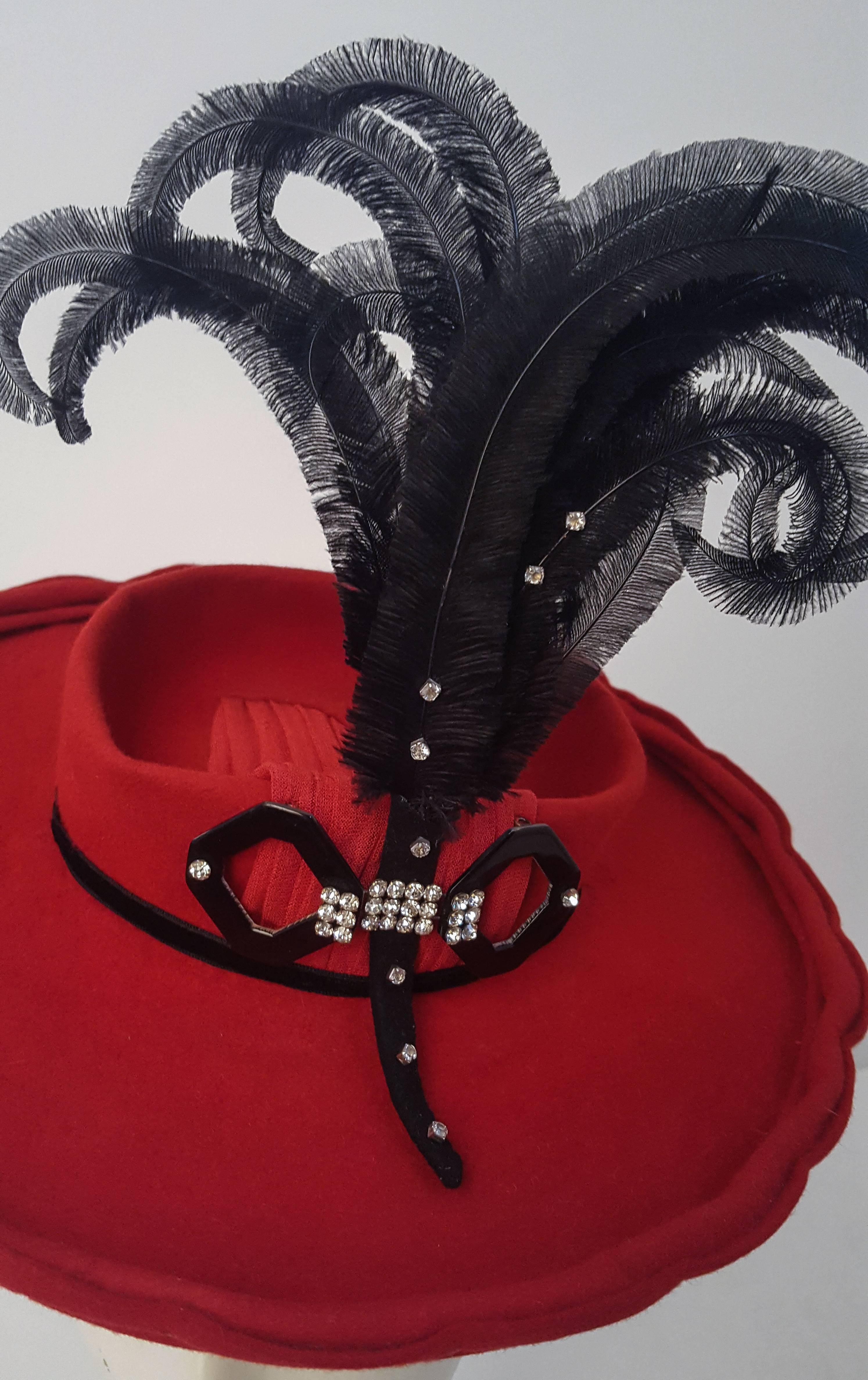 40s Red Felt Toy Fashion Hat with Hand Curled Feathers  In Excellent Condition In San Francisco, CA