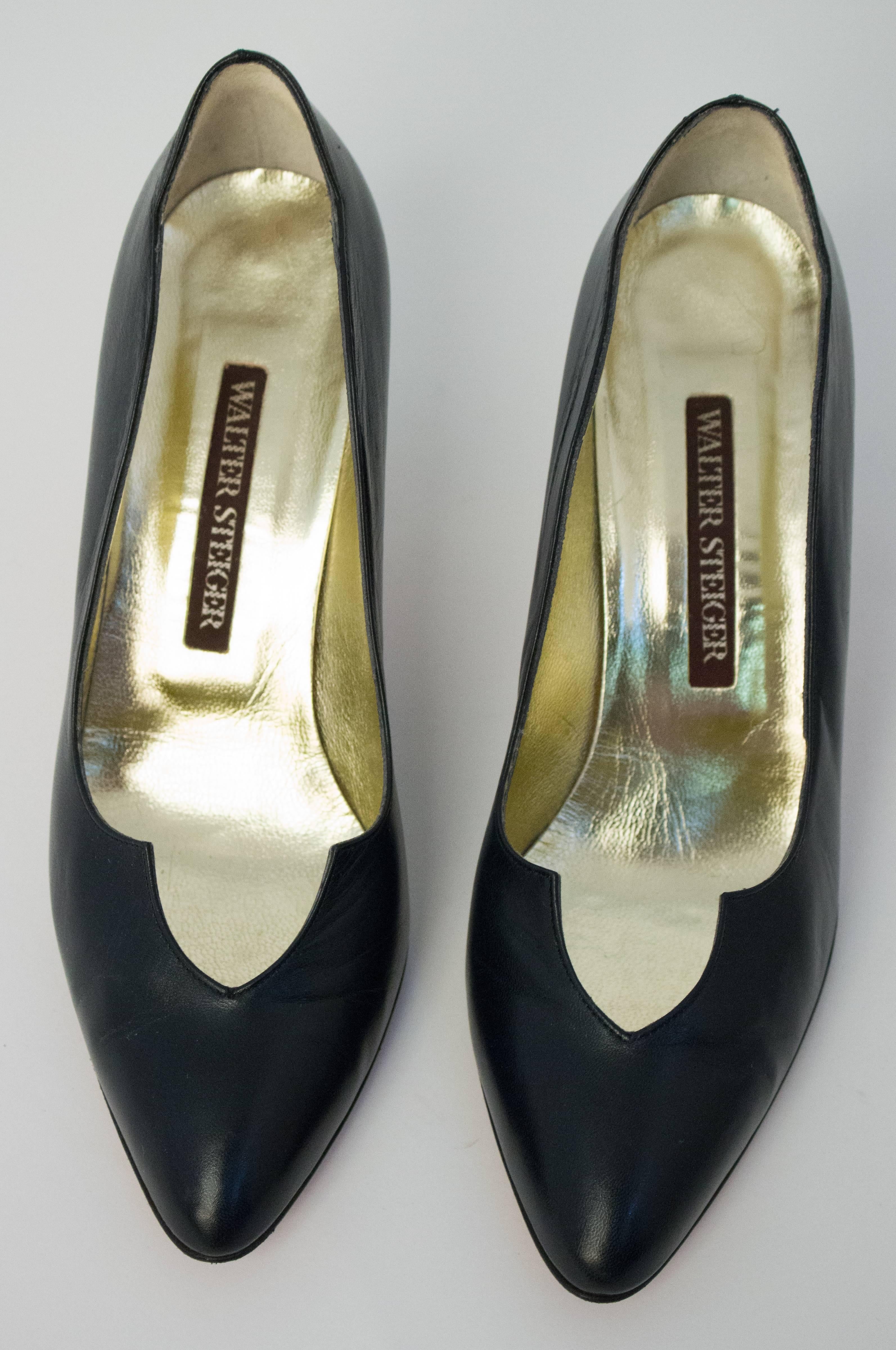 80s Walter Steiger Black Pumps. Handmade in Italy. Marked 8B. Some wrinkles visible on front vamp.