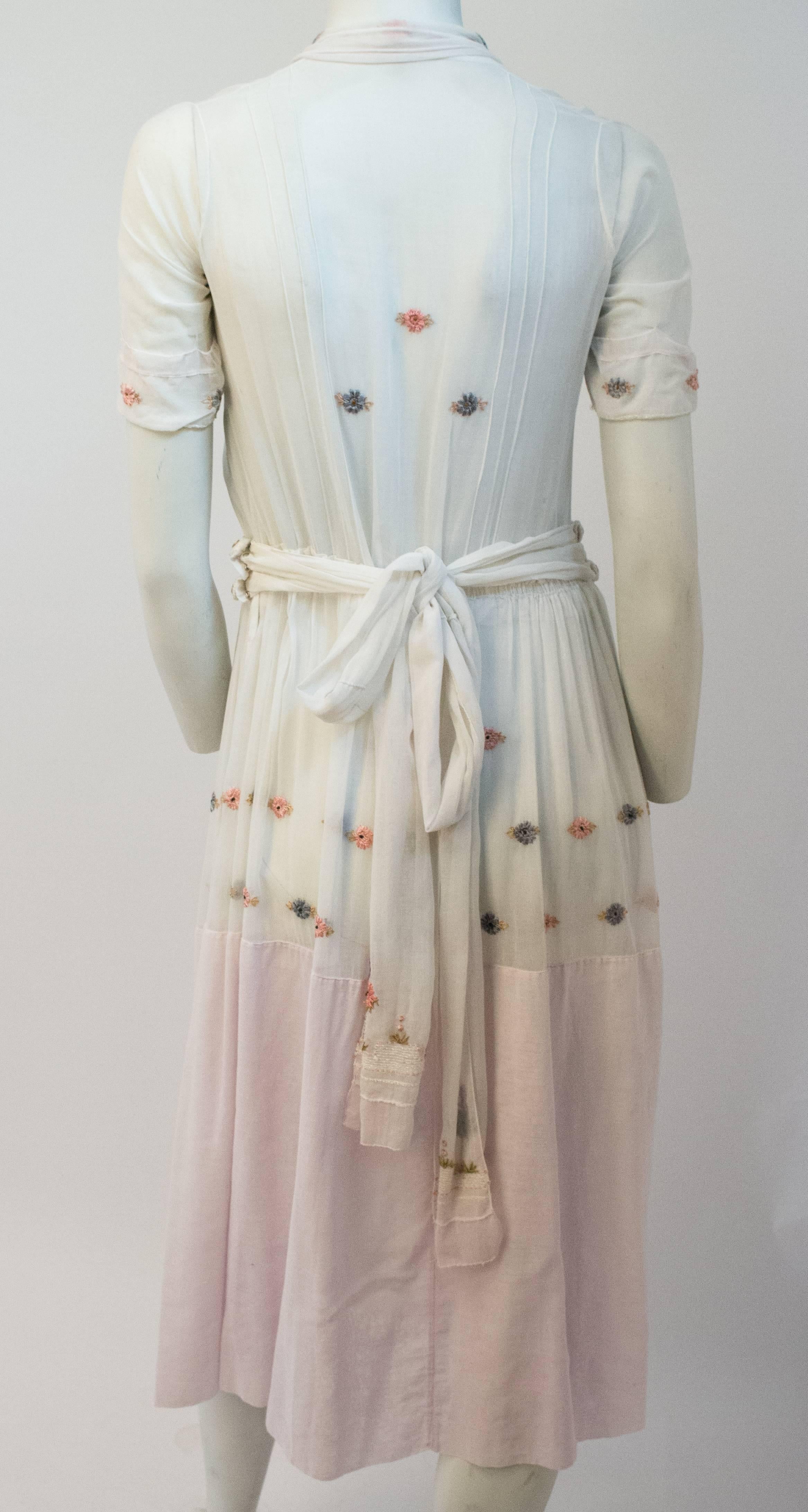 20s White Cotton Day Dress w/ Embroidered Flowers. Snap front closure. Detachable belt. 