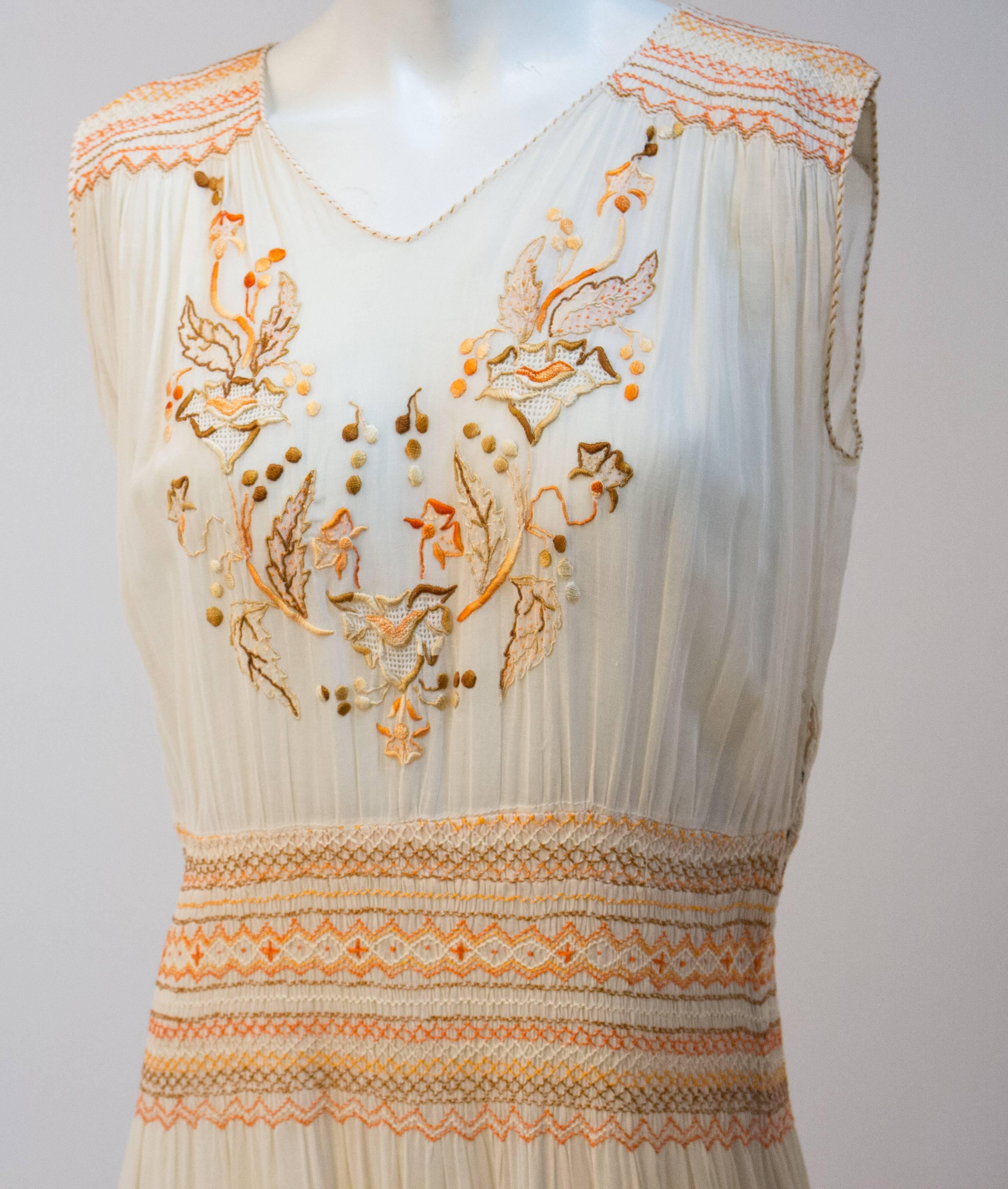 Beige 20s Smocked Dress w/ Embroidery For Sale