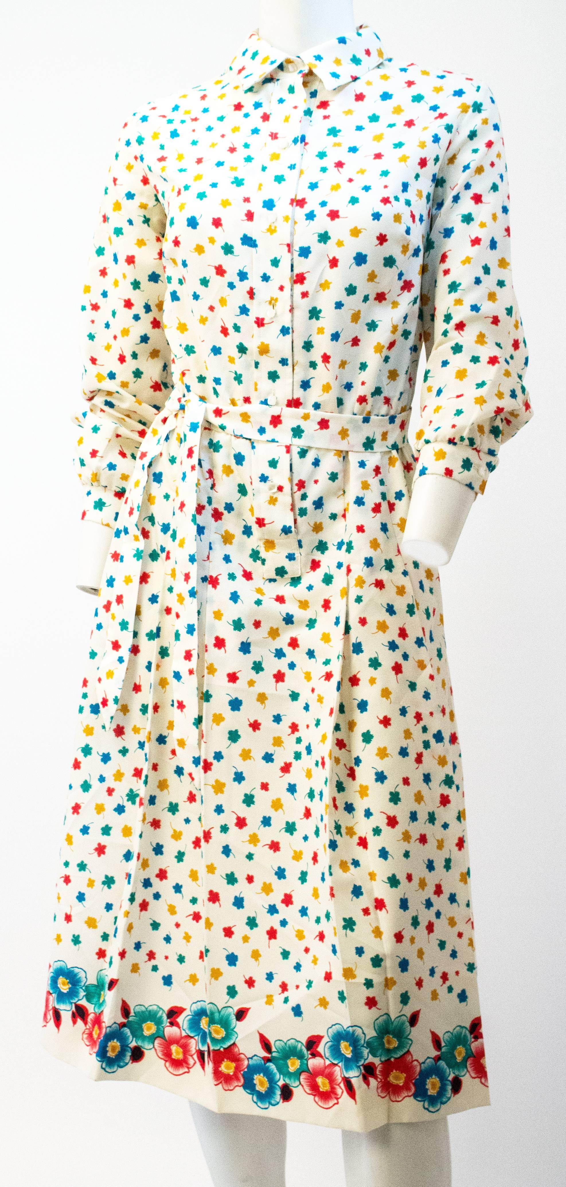 Beige 70s Lanvin Flower & Leaf Print Dress For Sale