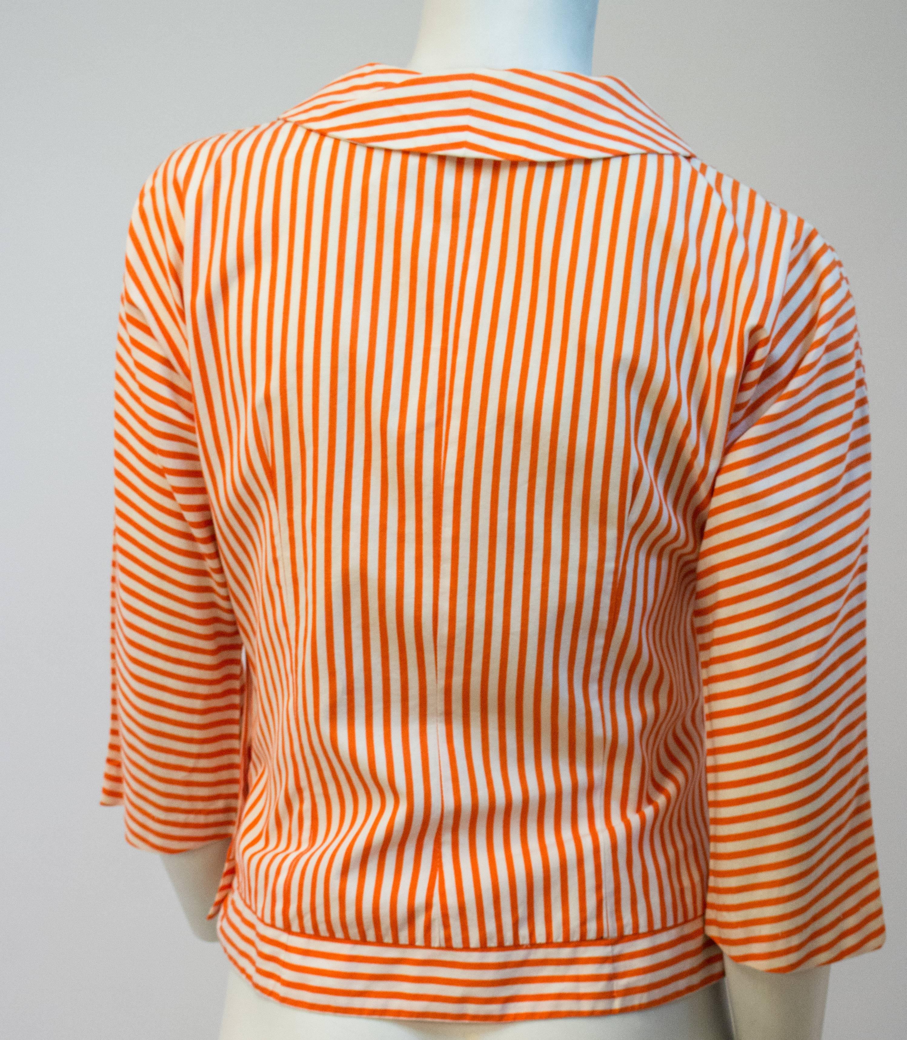 60s Orange and White Striped Sailor Top. Side button closure. Unlined. Dolman sleeves.