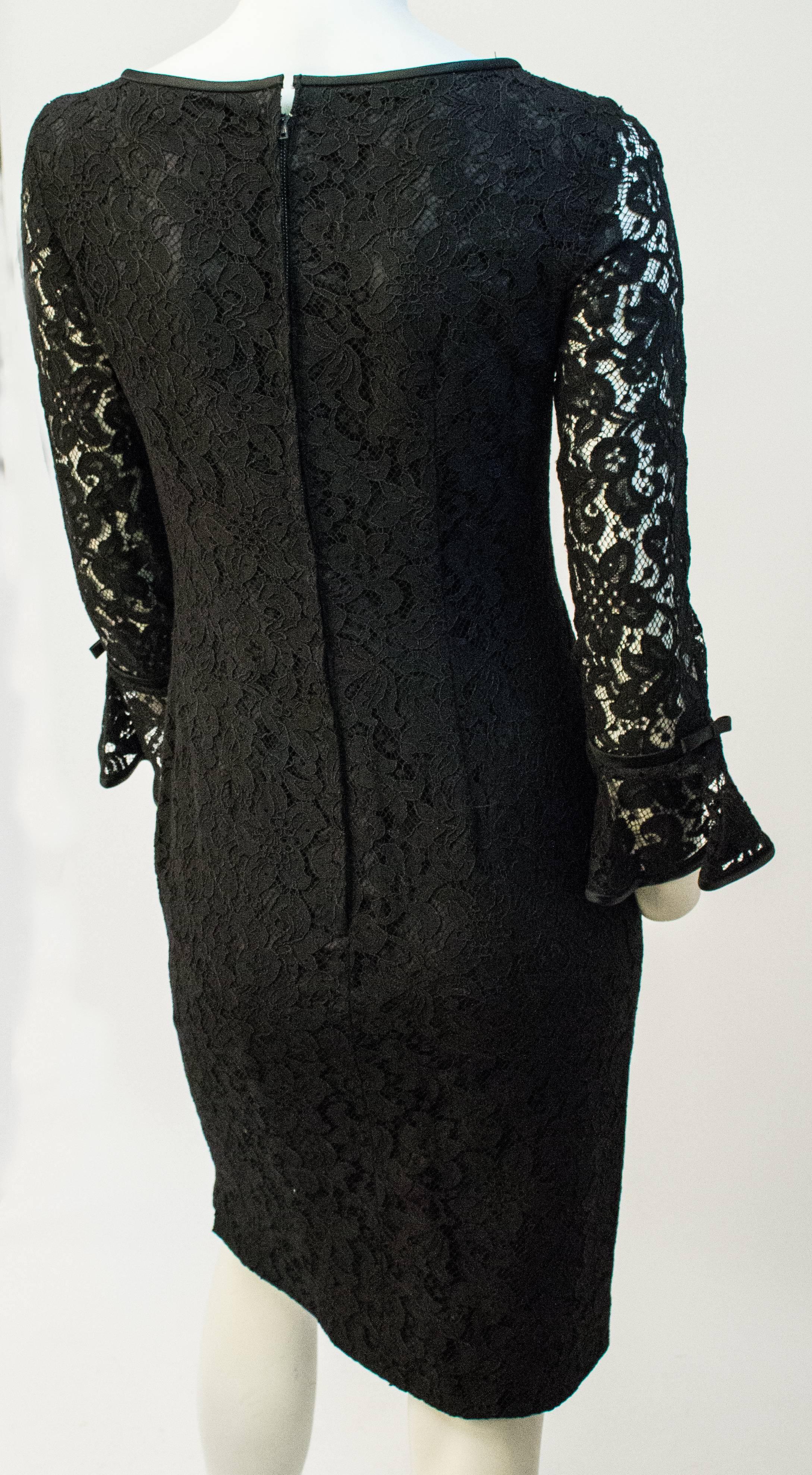 60s Black Lace Cocktail Dress. Mid-length sleeves. Metal back zipper. Satin trim.